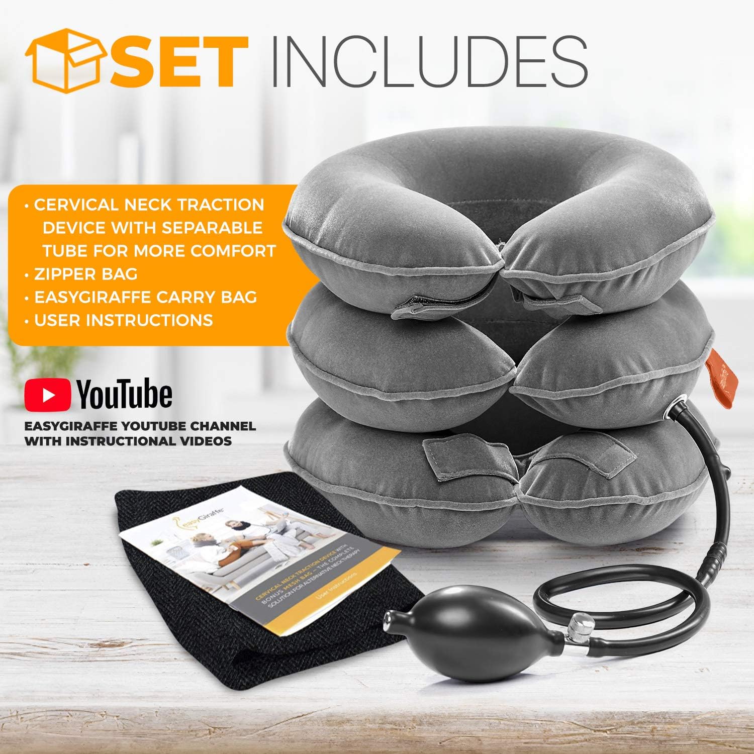 easyGiraffe Cervical Neck Traction Device & Neck Stretcher - Inflatable & Adjustable Brace Collar & Neck Support Pillow - Ideal for Chronic Neck Pain Relief & Spine Alignment - Bonus Bag & Videos