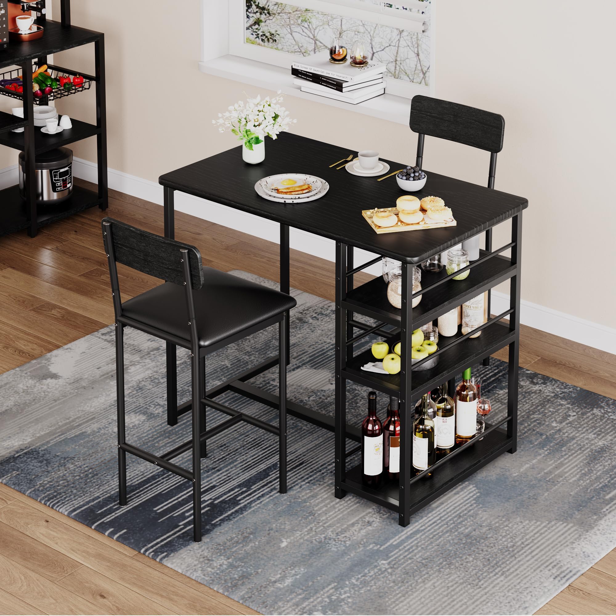 Mesa de cocina pequeña, mesa de comedor con 2 sillas, 3 estantes laterales, mesa de bar con taburetes de bar, conjunto de comedor para cocina, comedor, salón, color negro