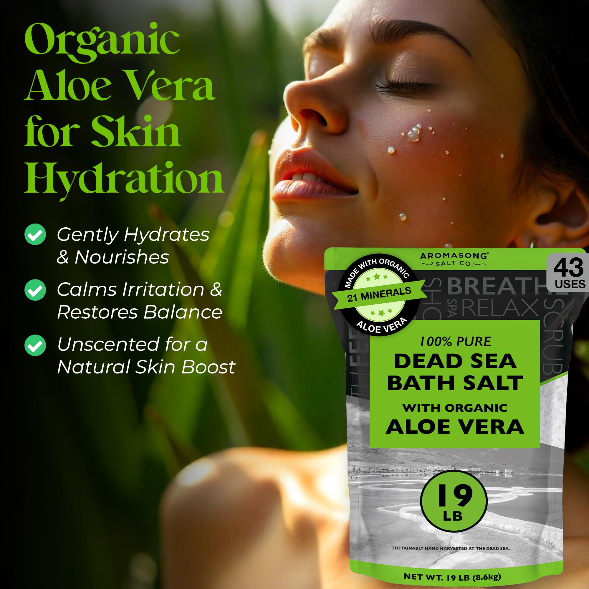Aromasong Dead Sea Salt with Organic Aloe Vera, 19 lb Fine Bath Salts