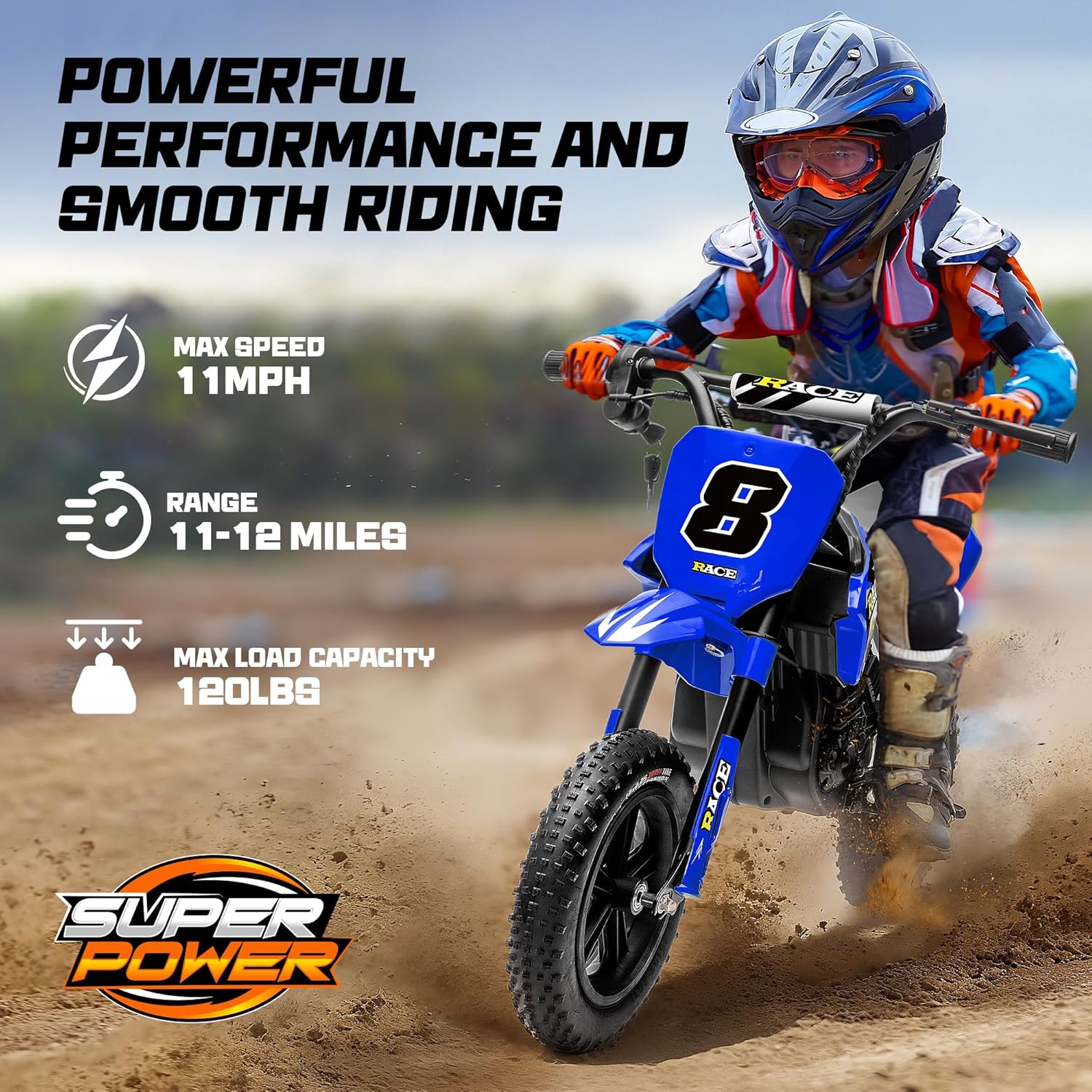 24V Kids Electric Dirt Bike 250W Motor Off-Road Motorcycle, 11 MPH Fast Speed Powerful Motorcycle for Kids, Electric Mini Bike with Twist Grip Throttle, Metal Suspension, Rubber Tires (Blue)