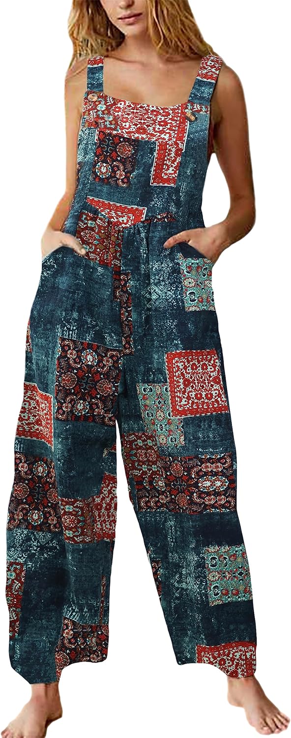 Himosyber Women's Patchwork Dual Pocket Jumpsuit Loose Floral Print Bohemian Wide Leg Bib Overall