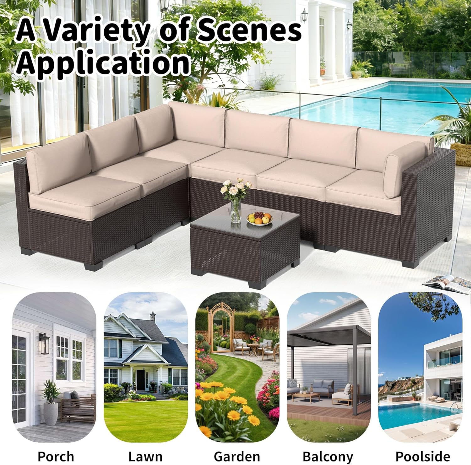 YLGJ&TIDY 7-Piece Outdoor Sectional Patio Furniture Set, All-Weather Wicker Rattan Sofa w/Thick Washable Cushions & Tempered Glass Table, Perfect for Garden, Poolside, Backyard (7, Khaki)