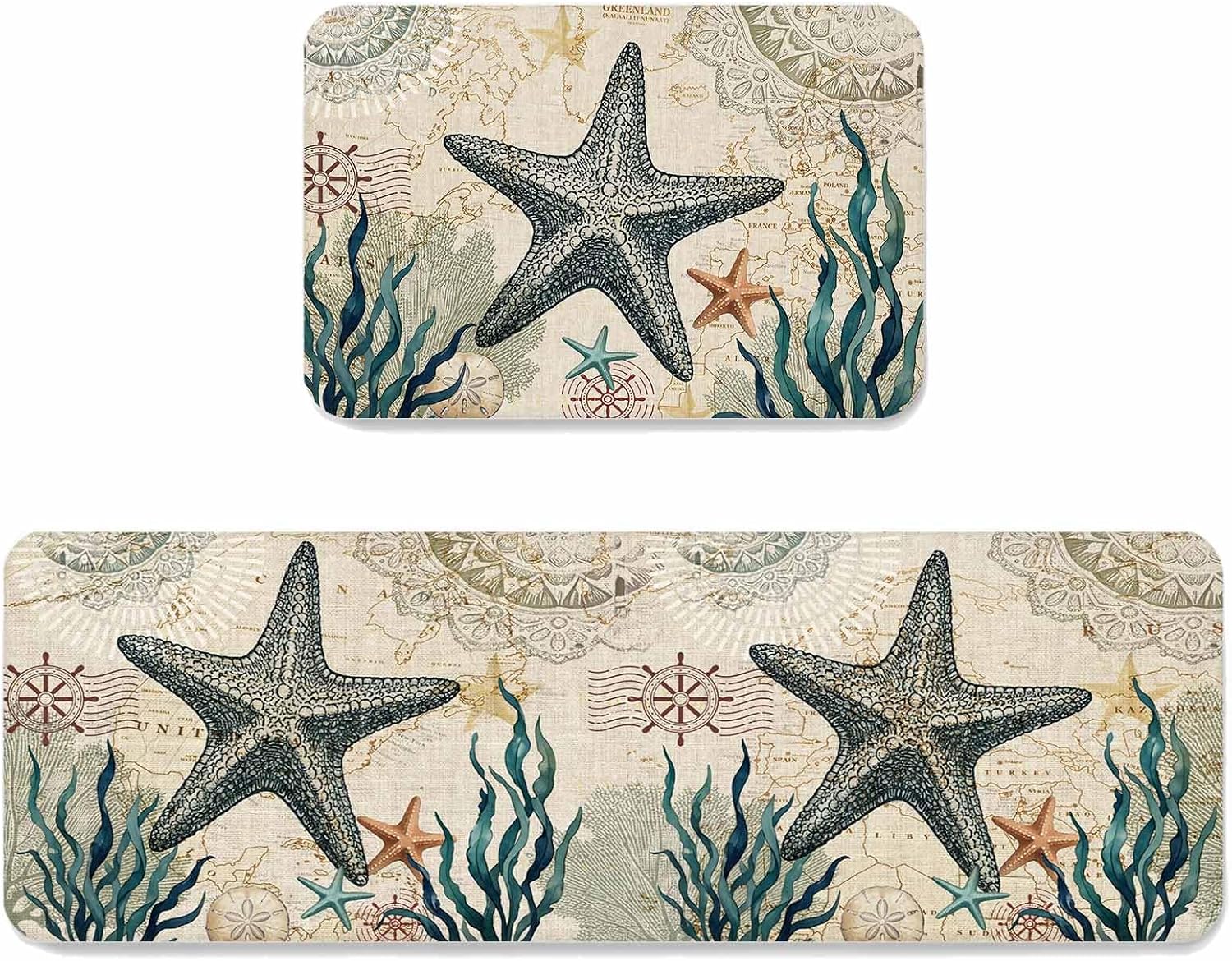 Rustic Ocean Starfish Kitchen Mat Set 2 Pieces Country Nautical Coastal Beach Seaweed Sand Dollar Non Slip Kitchen Rugs Washable Runner Rug Mats for Floor Sink Laundry Office 19.7" x 31.5"+19.7" x 63"
