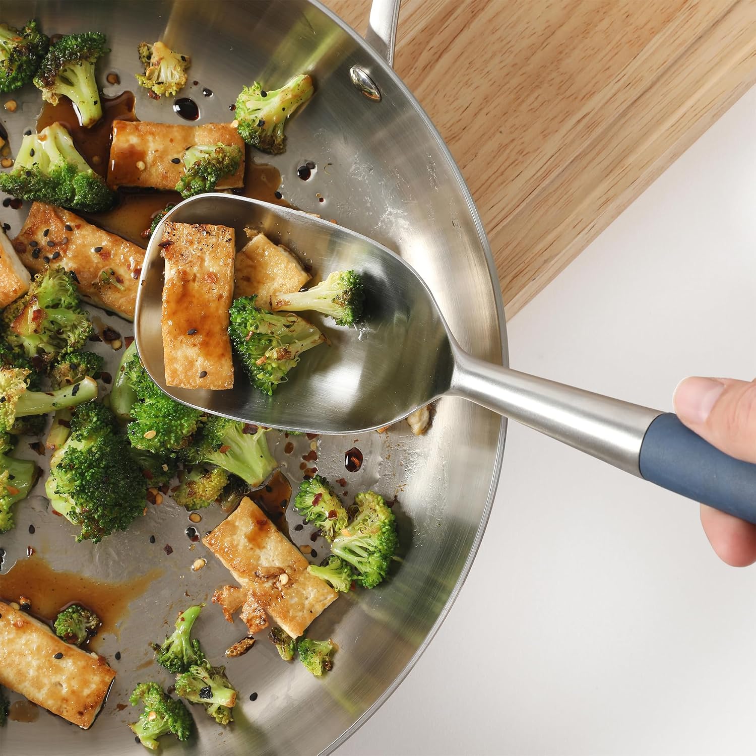 Calphalon Edge Cooking Spoon, Cooking Utensil Spoon, Stainless Steel Kitchen Spoon with Heat Resistanc Silicone Non-Slip Handle, Nonstick-Safe Basting Spoon,Durable Kitchen Utensil (Navy Blue)