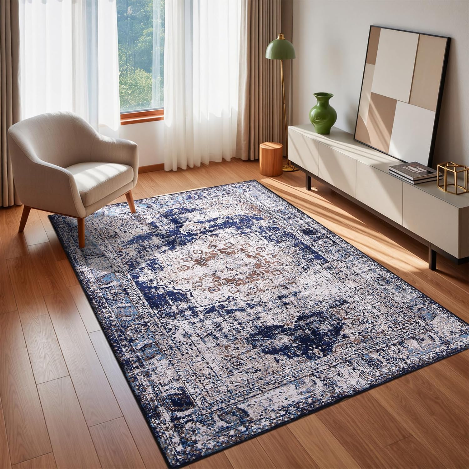 Calore Vintage Boho Area Rug Retro Abstract Rug Traditional Floor Cover Indoor Distressed Non Slip Carpet Floral Print Mat Living Room Bedroom Kitchen (Retro/Navy Blue, 5.2'x6.5')