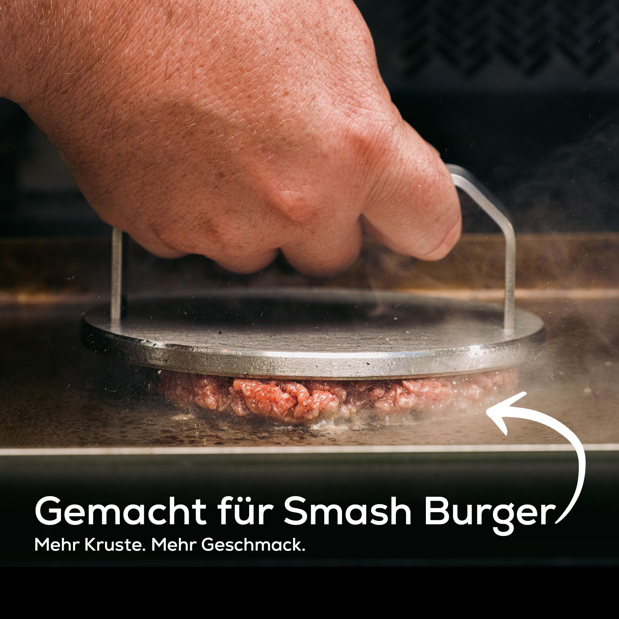 BeHe Smash Burger Presse 1kg schwer 100% Edelstahl – Massive Burger Presse für Grill & Plancha – 8 mm Burgerpresse für perfekte Smashburger Kruste – Burger Patty Presse Made im Ruhrgebiet