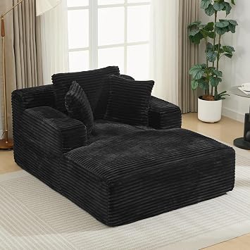 Modern Full-Compressed Chaise Lounge Sofa Bed, 48.8" Corduroy Upholstered Deep Seating Sleeper Sofa with Removable Pillows for Living Room Apartment Offices Black-4.27