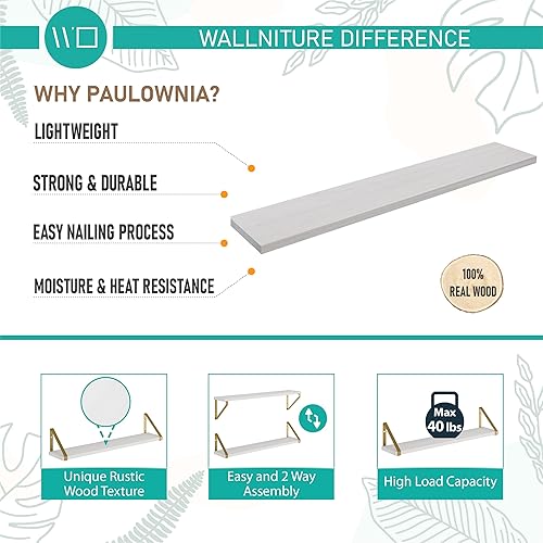 Miniatura 7 de Wallniture Ponza White Floating Wall Shelves with Gold Color Metal Brackets, Living Room, Bedroom, Bathroom, Home Office Decor, Set of 3