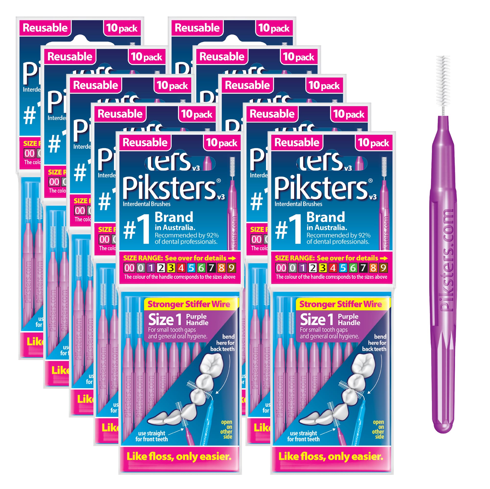 PIKSTERS Interdental Brush-10 Brushes Per Pack x 10 (100pcs) (- Size 1 Purple 0.50mm) 1 Count (Pack of 100) Size 1 (Purple)