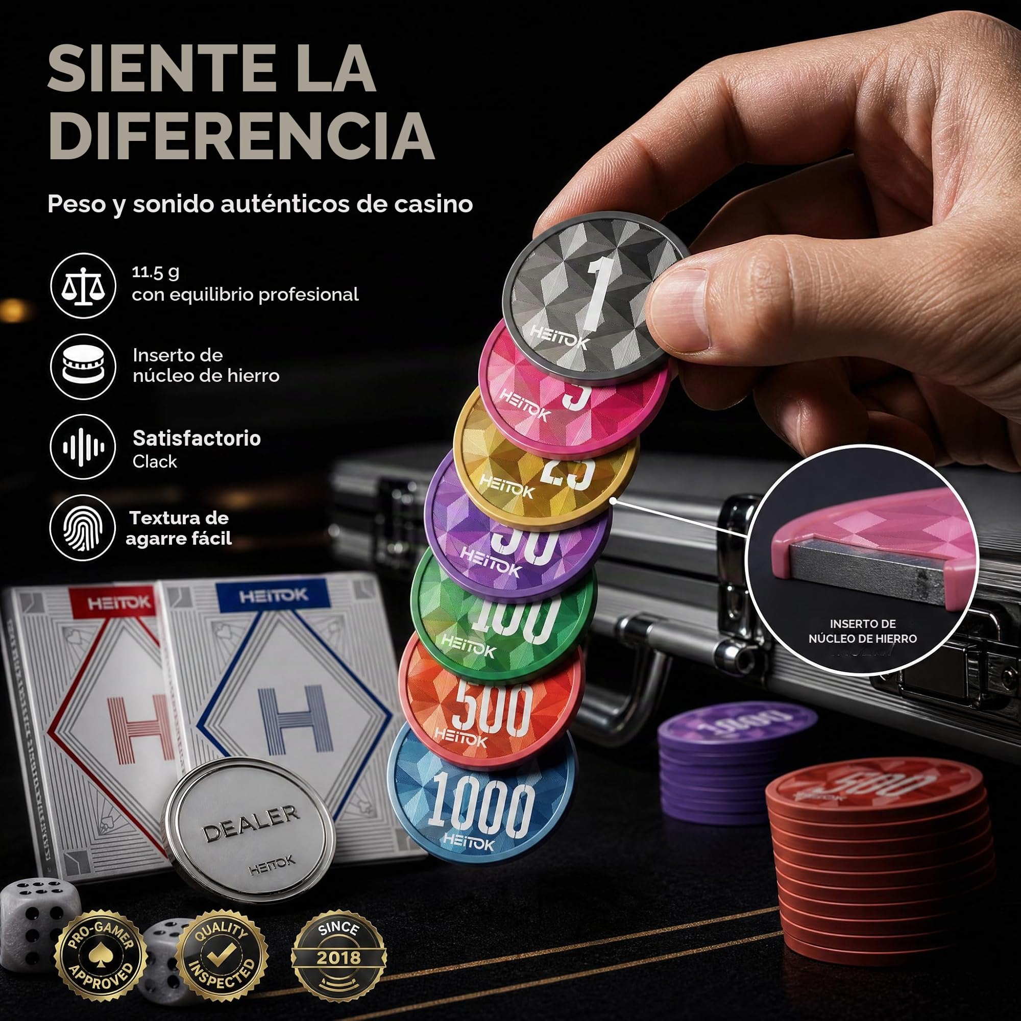 HEITOK Maletín de Póker 300 Fichas Numeradas 11.5g Peso Casino - Set Texas Hold'em con Estuche de Aluminio, Barajas, Dados y Botón Dealer de Metal para Noches de Juego Adultos | 11.5g, núcleo de hierro, valores numerados, 2-8 jugadores, maletín de alumini