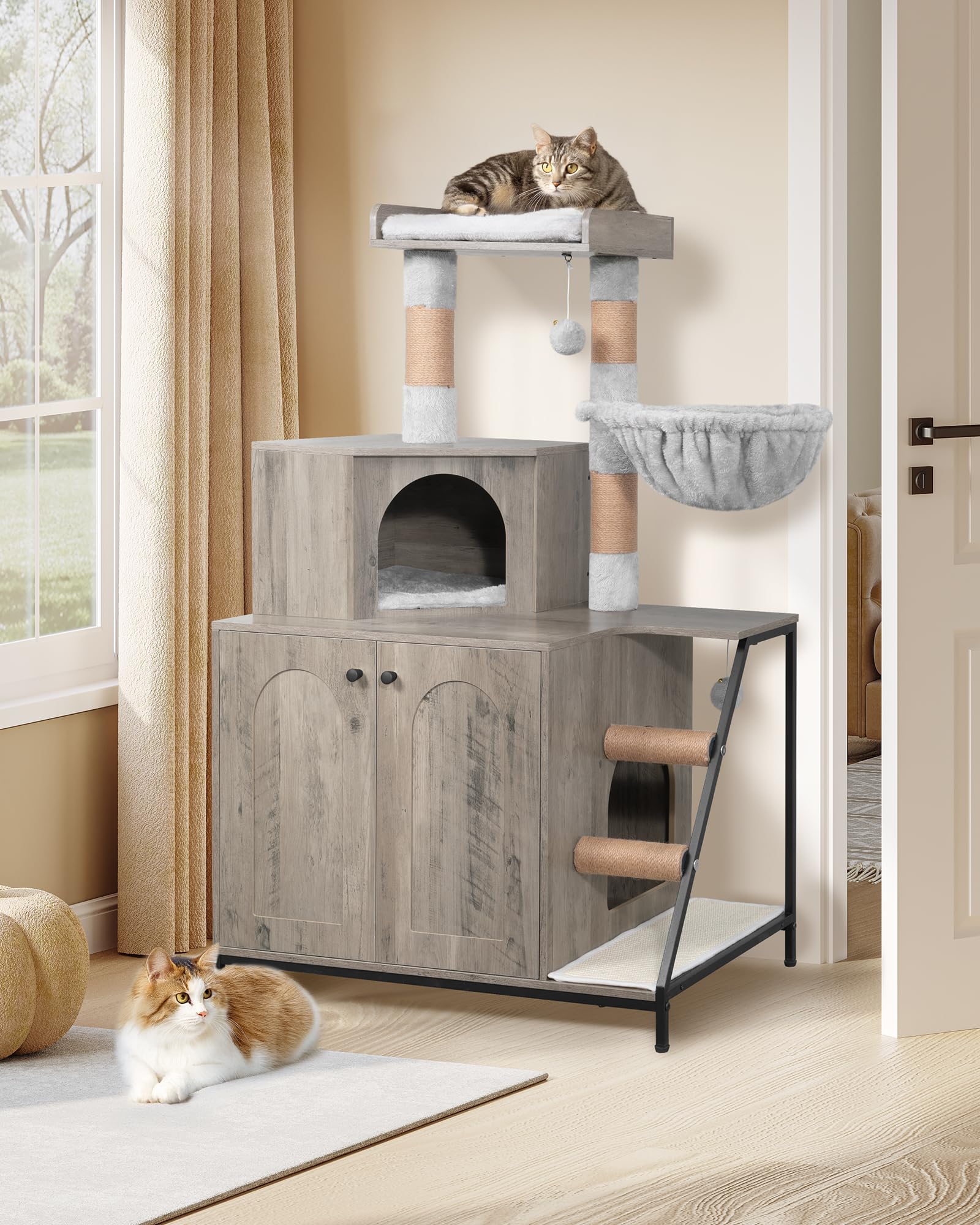 Hzuaneri Mobile Lettiera per Gatti, Cuccia per Gatti 4 in 1 Con Grande Piattaforma, Cuccia per Gatto Con Tappetino Antigraffio in Sisal, Pali, Scale E Pompon, Cuscini Lavabili, Grigio CB81005B