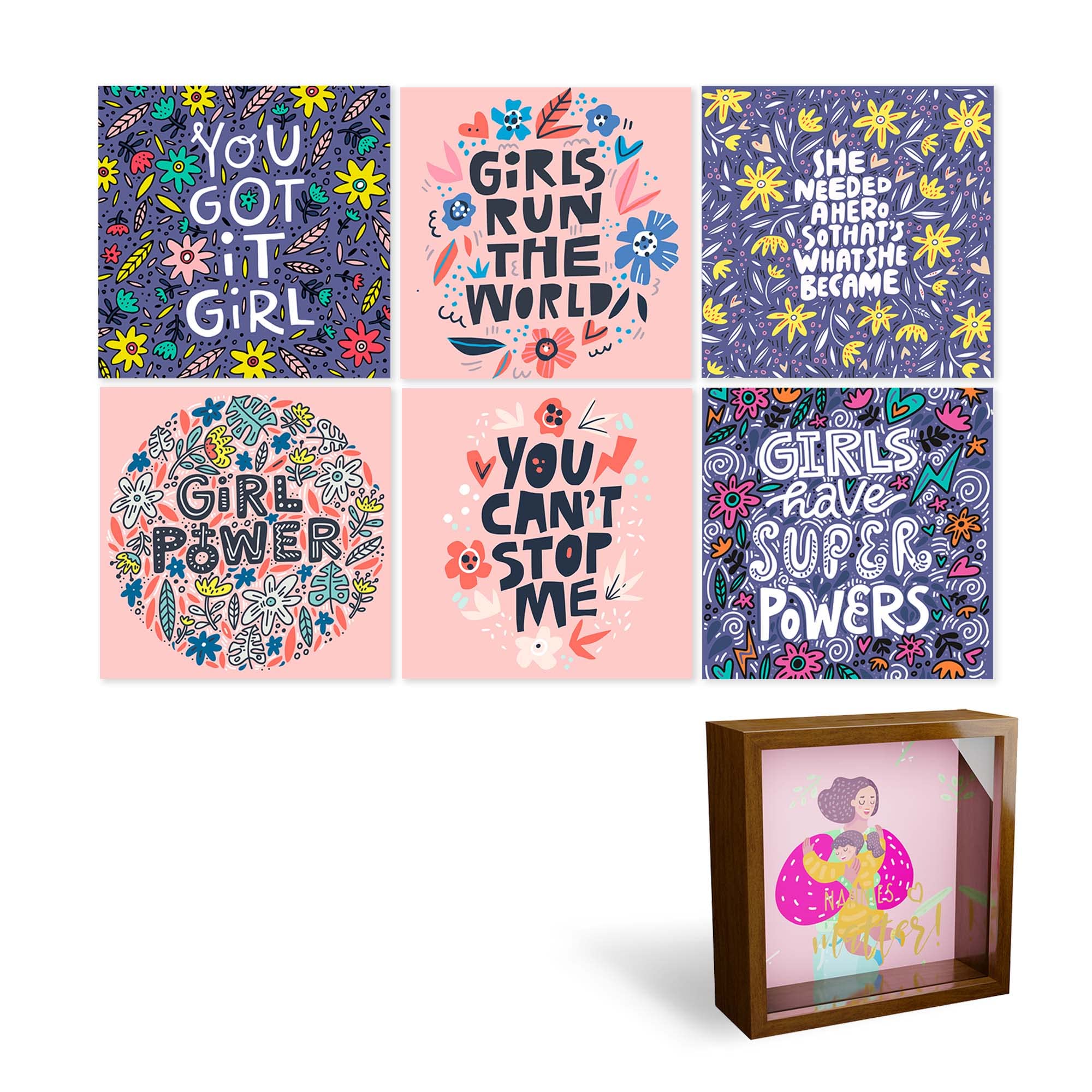 Photo 1 of 6 Pieces Empower Poster Prints, 11x11In Girls Motivational Wall Decor for Bedroom, Bathroom or College Dorm, Includes Money Saving Fund Box for Nannies, Thoughtful Appreciation Gifts For Nanny, Brown