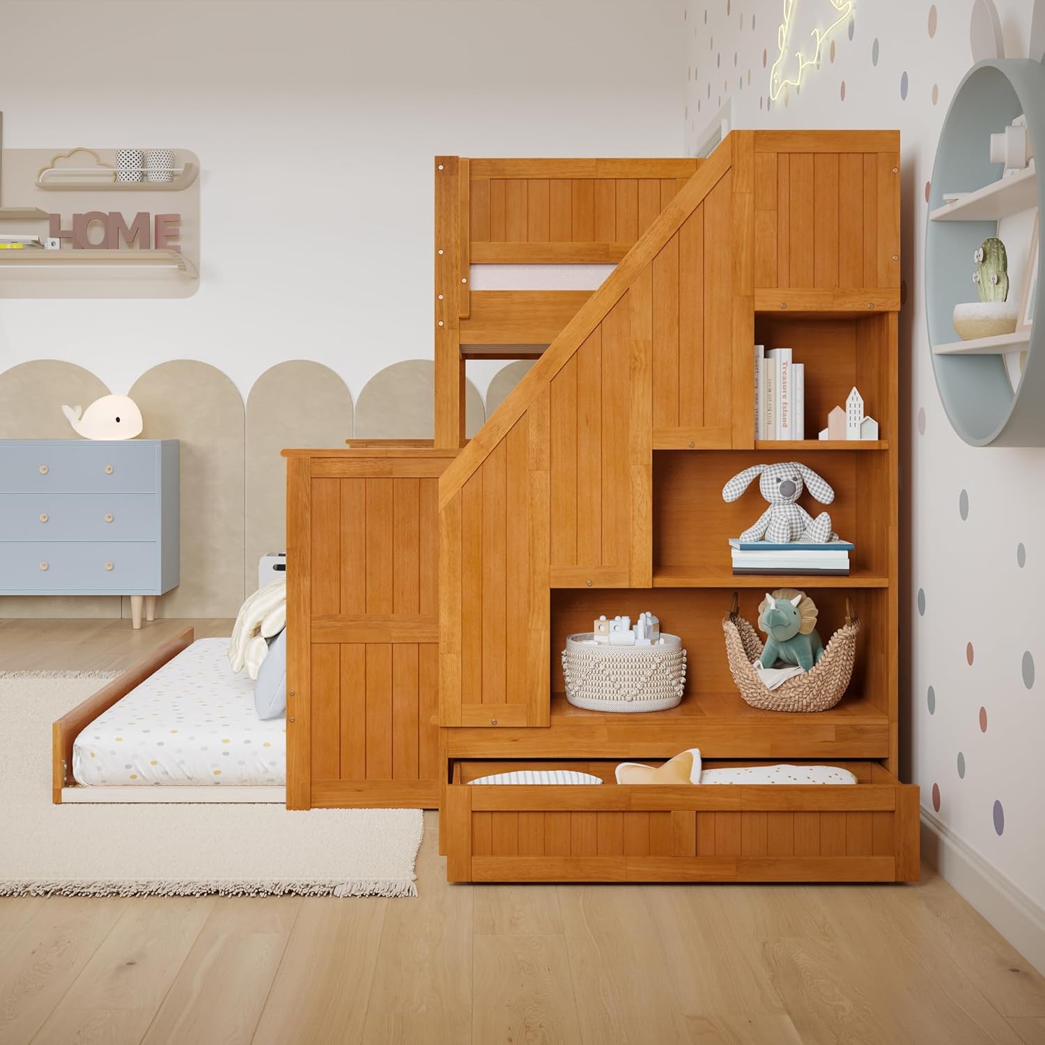 AFI, Dover Twin Over Full Staircase Bunk Bed with Storage Drawer and Twin Trundle, Light Toffee