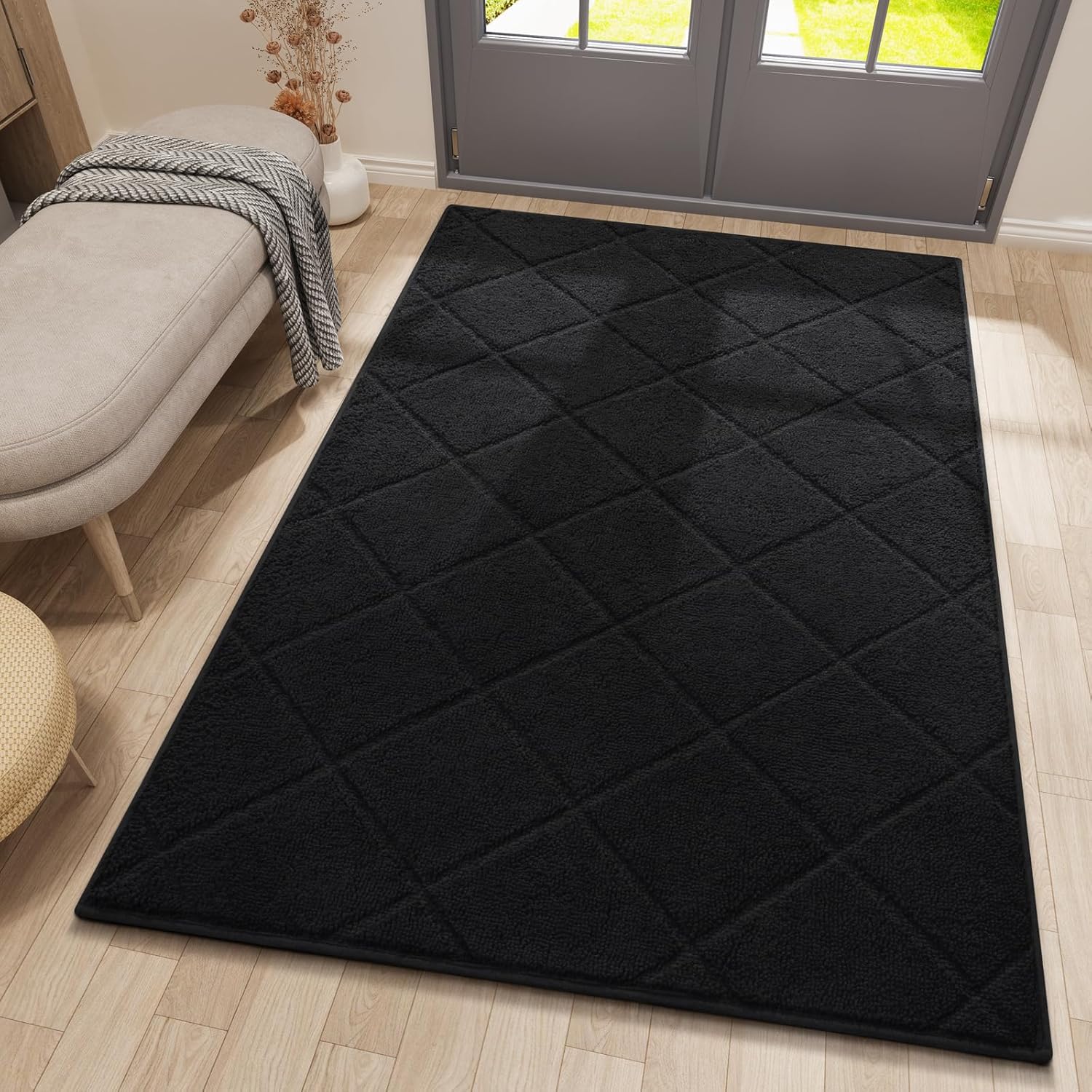 LOCHAS Black Indoor Door Mat 35x59 Inch, Rubber Backing, Washable Absorbent Chenille Doormat, Low-Profile, Non Slip Microfiber Entrance Mat, Quick Dry Resist Dirt Front Welcome Mats for Entryway Home