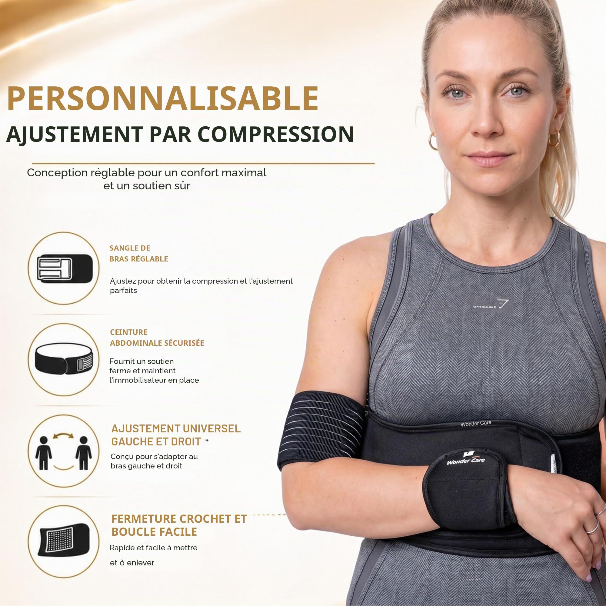 Wonder Care Immobilisateur d'épaule gauche droite Orthèse de bras Luxation osseuse Subluxation Support d'épaule Orthèse de compression Chirurgie de la coiffe des rotateurs Noir Taille 3