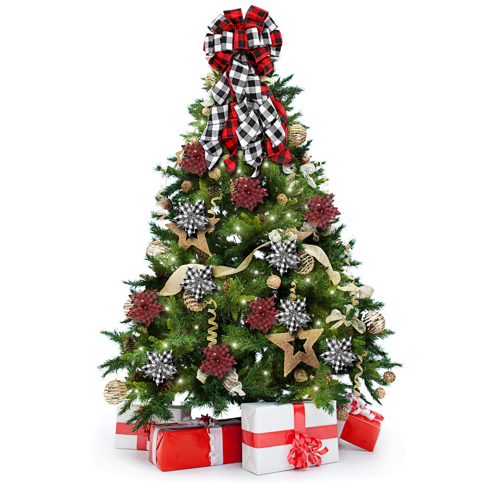 Nœud Topper de Sapin de Noël Large Ornements d'arbre de Noël Suspendus Décoratifs et 6,7 Pouces Fleurs de Noël Artificielles (Carreaux Rouges Noirs et Carreaux Noirs Blancs, 13 x 30 Pouces)