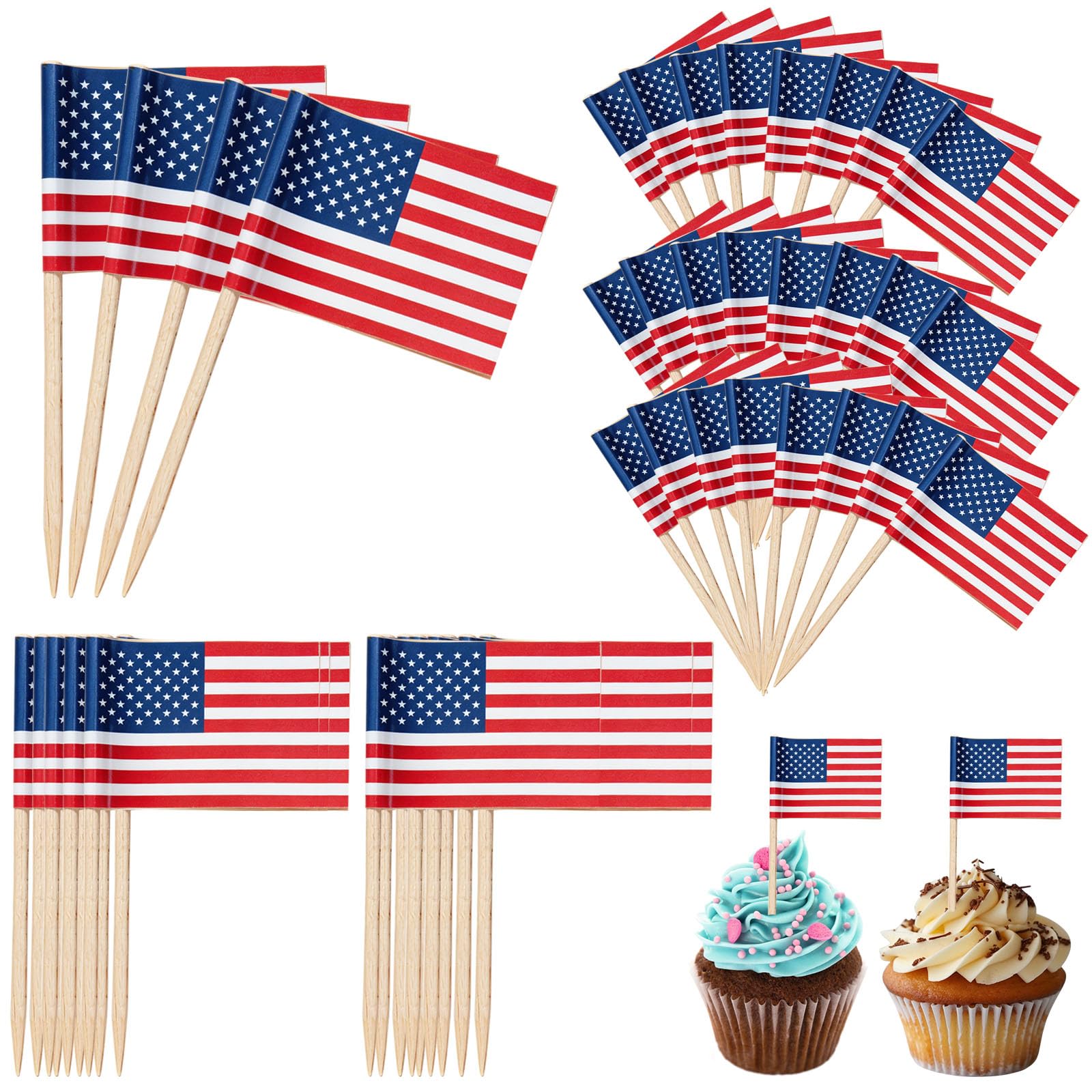 Photo 1 of 100 Pcs American Flag Toothpicks - Premium Patriotic Cupcake Toppers with Double-Sided Printing | Larger Flags for 4th of July, Juneteenth, Veterans Day Party Decorations & Home Festive Display