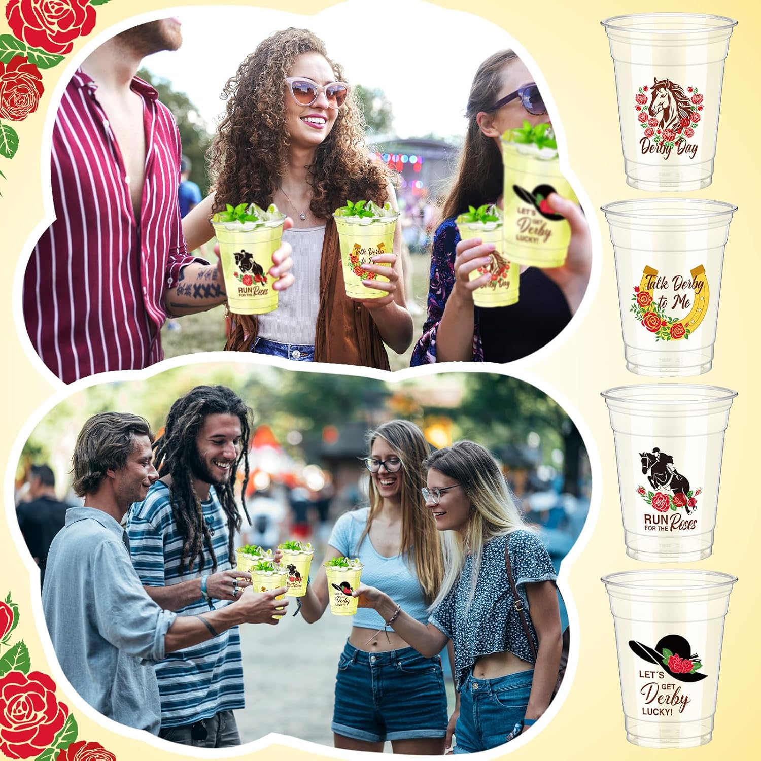 Sliner 100 Pcs Derby Disposable Plastic Cups Bulk 12oz Clear Horse Racing Party Cups Drinking Plastic Tumblers for Mint Julep Derby Day Party Supplies