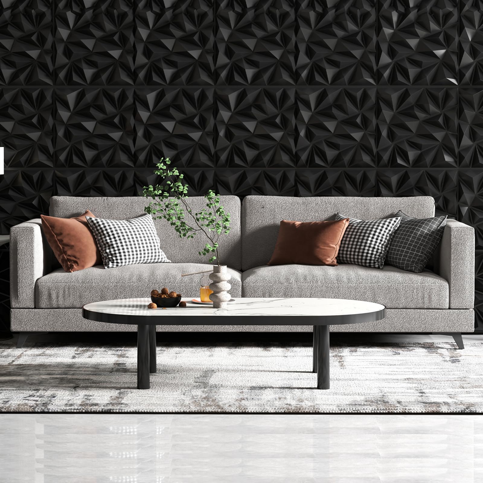 LIFEZEAL 40Pcs 3D Panneaux Muraux en Forme de Losange, 50 x 50 CM Décoration Murale Intérieure en PVC, Panneaux Carrés de Plafond pour Salon Chambre, 10 ㎡ (Noir)