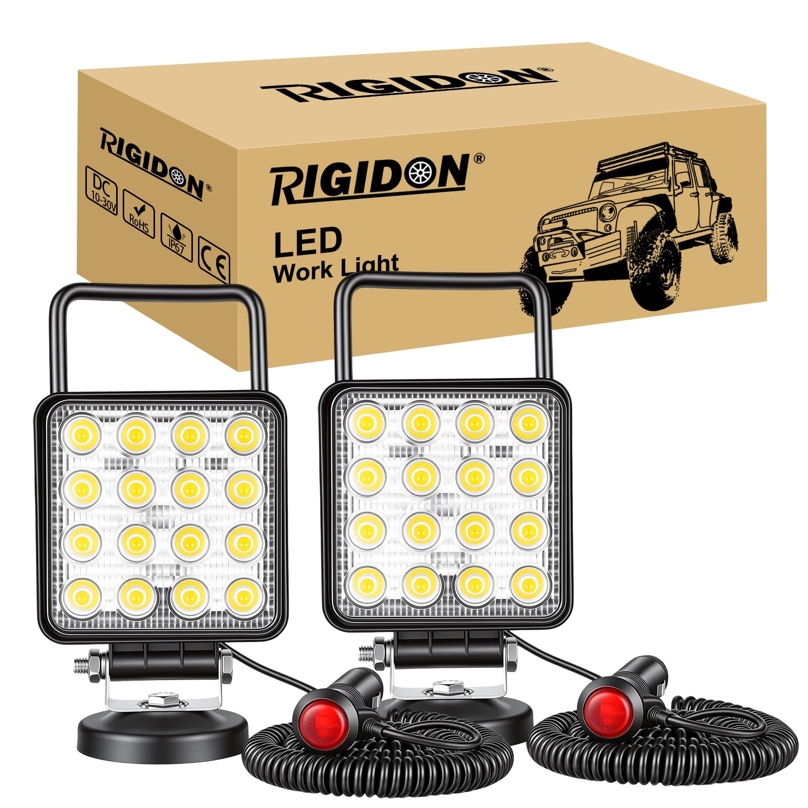 RIGIDON 2x faro da ricerca led, luce da lavoro con magnetica 4 pollici 48W | 12V 24V, cavo 5 metri, interruttore accendisigari, per auto fuoristrada, camion SUV UTE 4x4 barca, floodlight, 6000K bianca