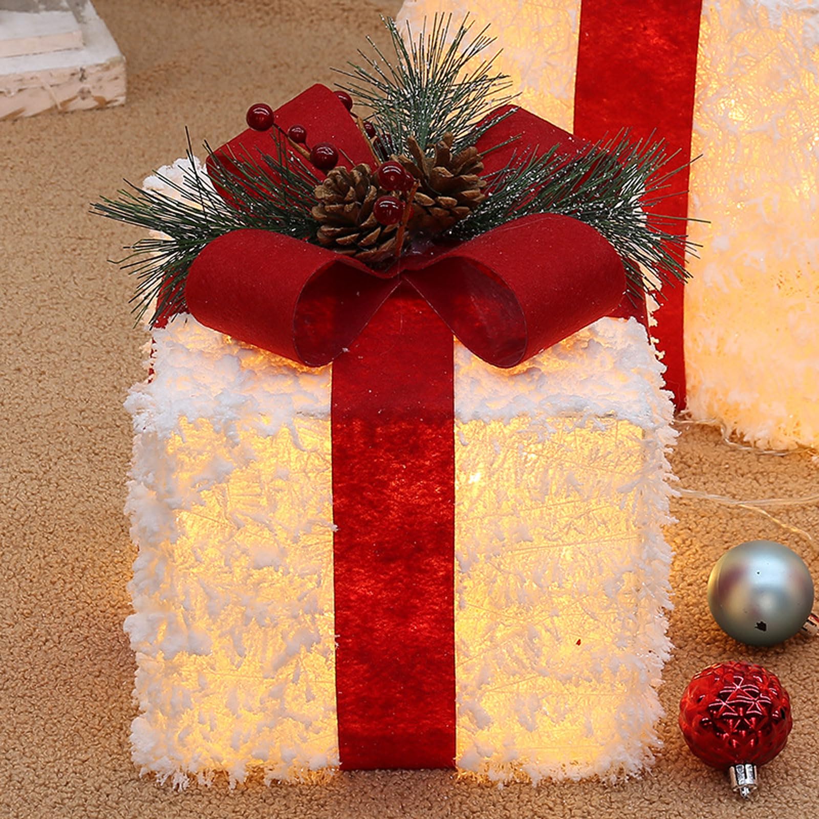 Juego de 3 Cajas de Regalo Iluminadas de Navidad,Decoración de Caja de Nochebuena,Iluminaciones de Navidad,Blanco Cálido Decorado con un lazo,agujas de pino y frutos rojos,para Hogar Jardín Fiesta