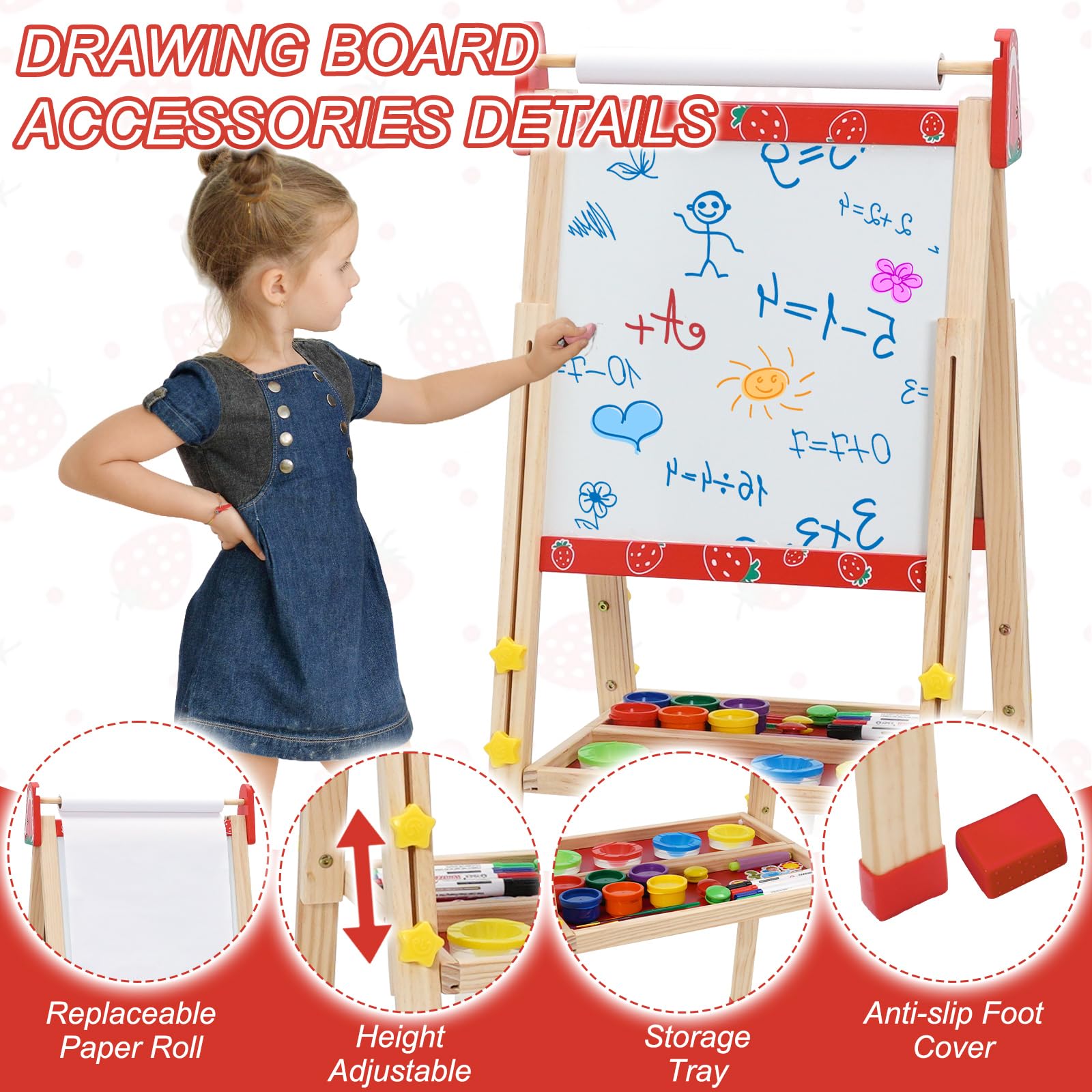 3 in 1 Lavagna per Bambini Cavalletto Pittura a Doppia Faccia con Rotolo di Carta, Altezza Regolabile 95-125cm Lavagna Pieghevole Multiattività con Vassoio di Stoccaggio e 100+ Accessoris da Disegno