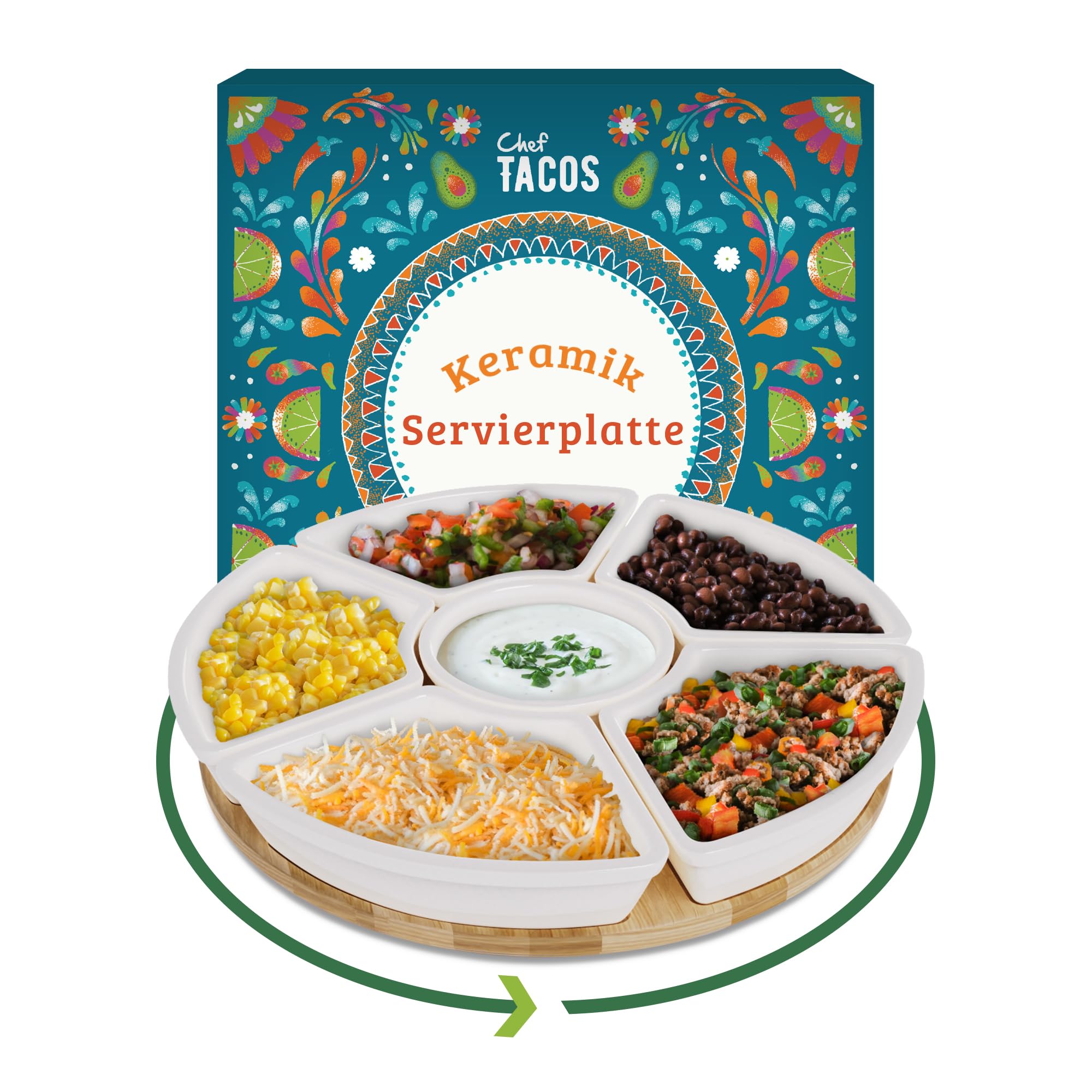 Chef Tacos | Plateau Aperitif en Céramique (26 cm), Plateau Tournant Compartimenté pour Collation Tacos Lazy Susan – Ensemble Plateau de Service Apero pour Les Entrées et Desserts de fête, Salsa