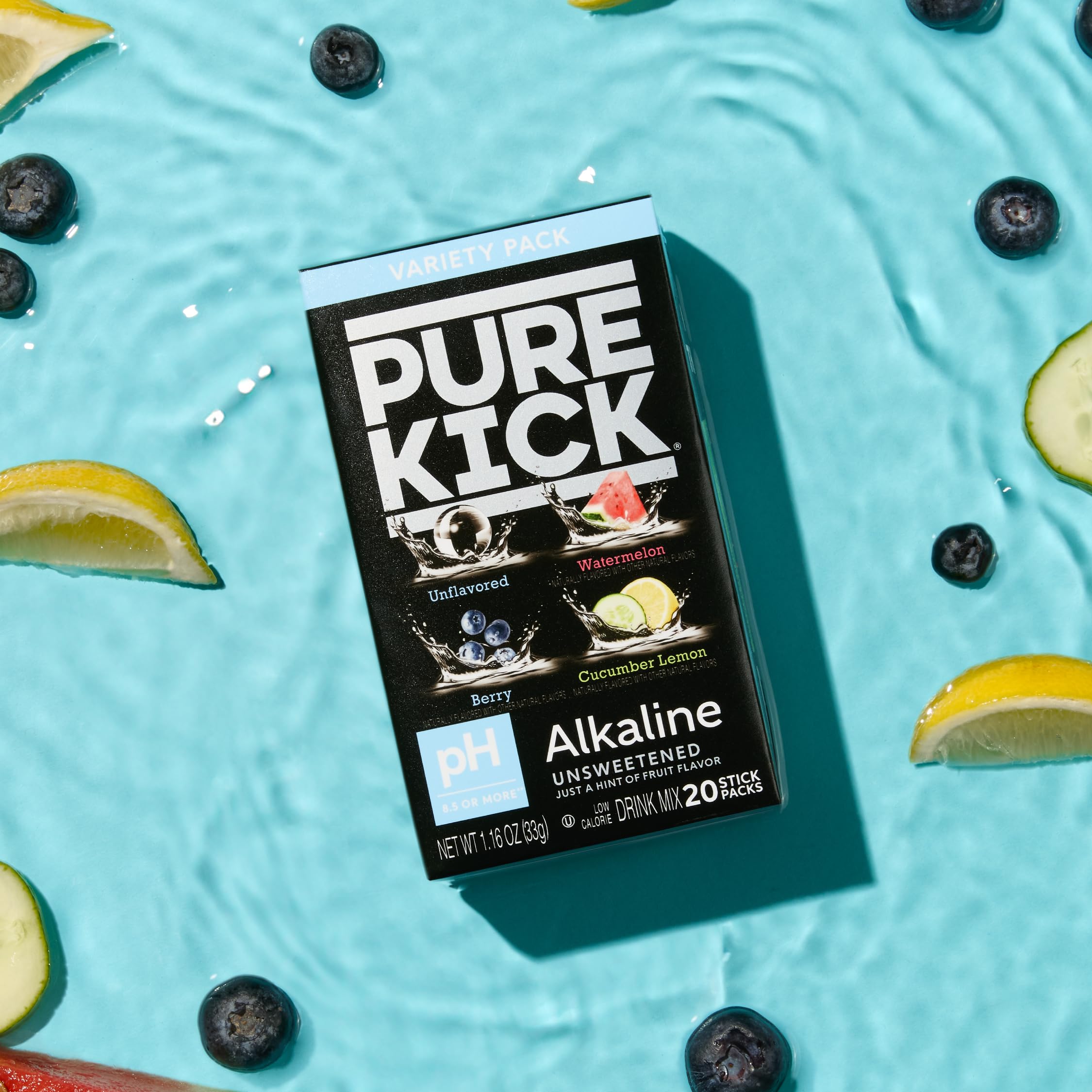 Pure Kick Alkaline Unsweetened Drink Mix,By Savoy Impex, Variety Pack, pH 8.5 or More, 20 Stick Packs, Low Calorie 2