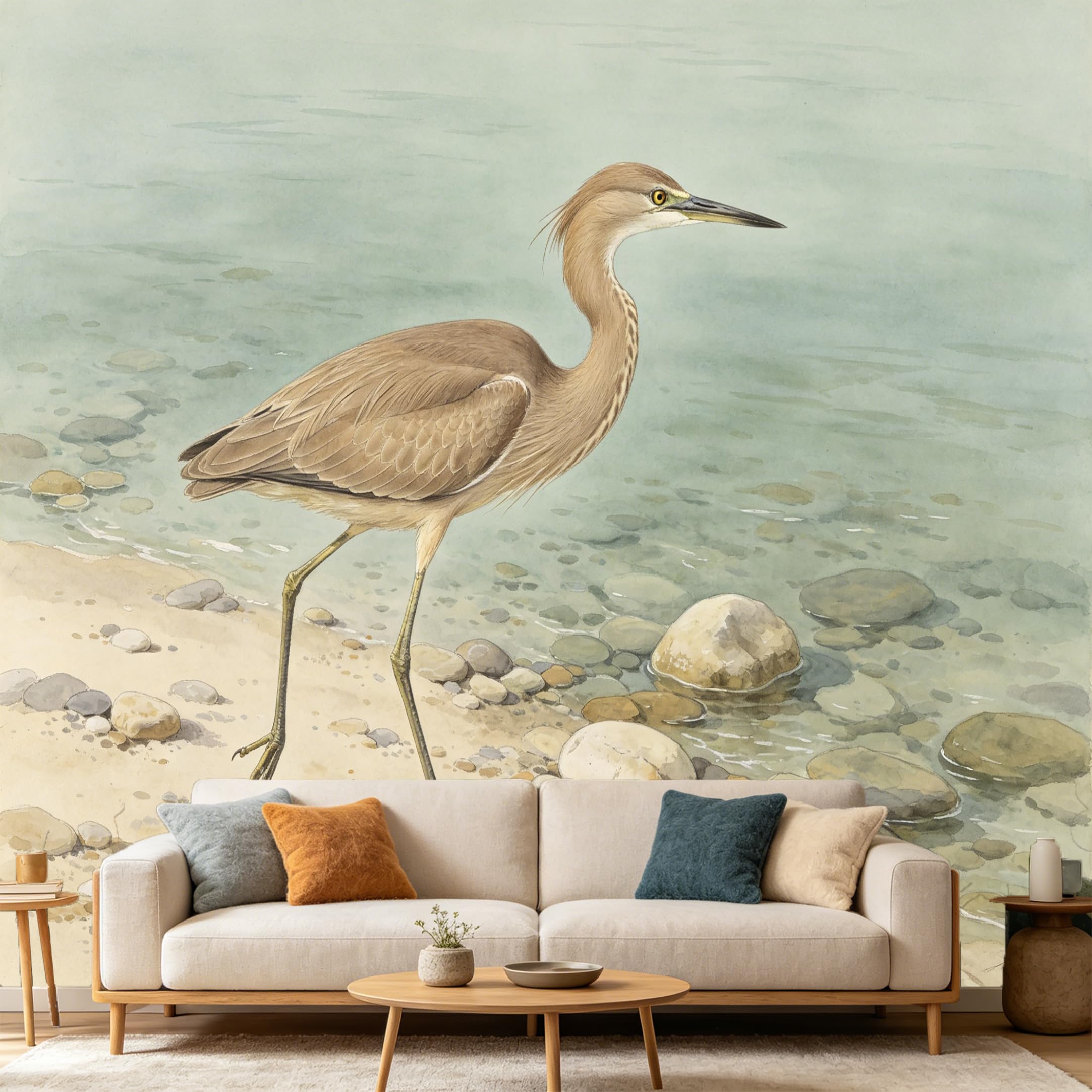 Custom Size Wall Mural Watercolor Nankeen Night Heron Shoreline Rocks SelfAdhesive Art Prints wall Fabric (No PVC) Removable Wallpaper Home Bedroom Decor
