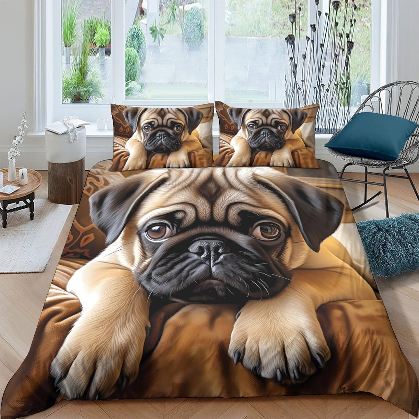 Ctjqhvkz Style-10 3D Printed Pug Dog Fitted Sheet Microfiber Brown Animal Bed Cover For Bedroom Guest Room Mattress Decor Single（135X200cm）