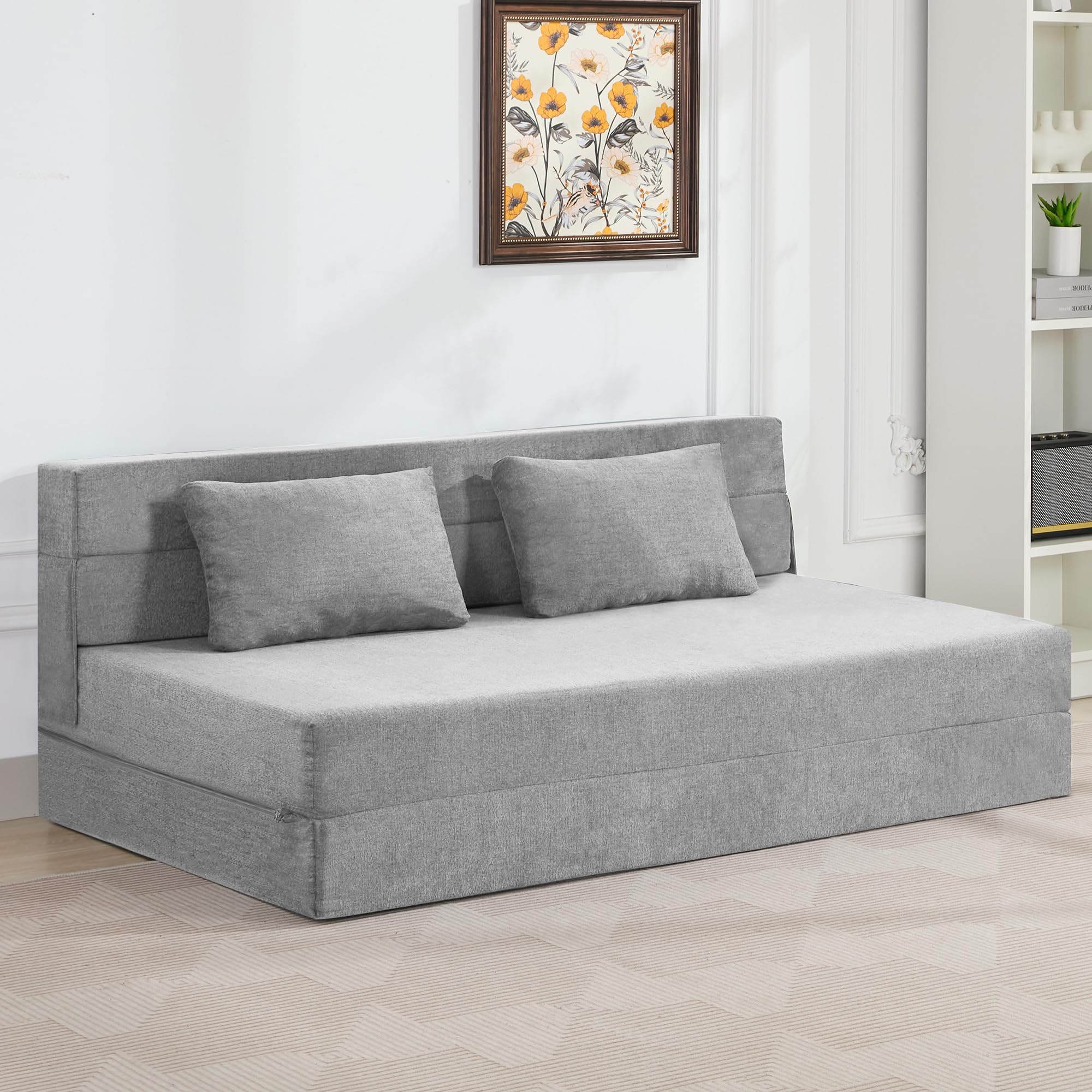 WUTUTUEE Folding Sofa Bed Convertible Floor Couch Foldable Chair Bed with Pillow，Linen Sleeper Chair Futon,Foldable Memory Foam Mattress for Bedroom/Living Room/Dorm/Office (Light Grey, Queen)