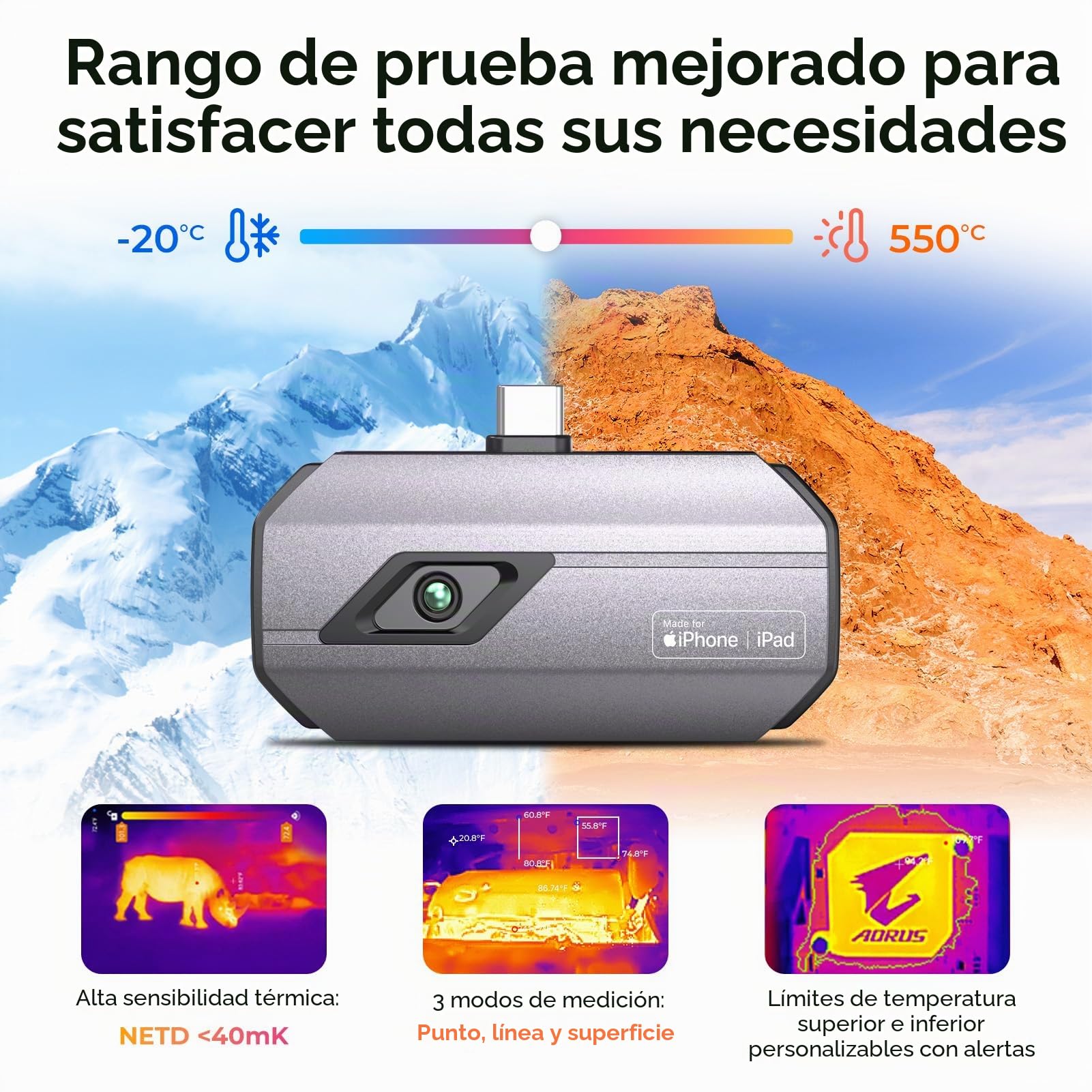 TOPDON TC002C-A Cámara Térmica para iPhone 15/16 y iPad, 512 x 384 TISR Alta Resolución, -20°C a +550°C, 25Hz, Cámara Termográfica con conector tipo C para fugas y mantenimiento del hogar
