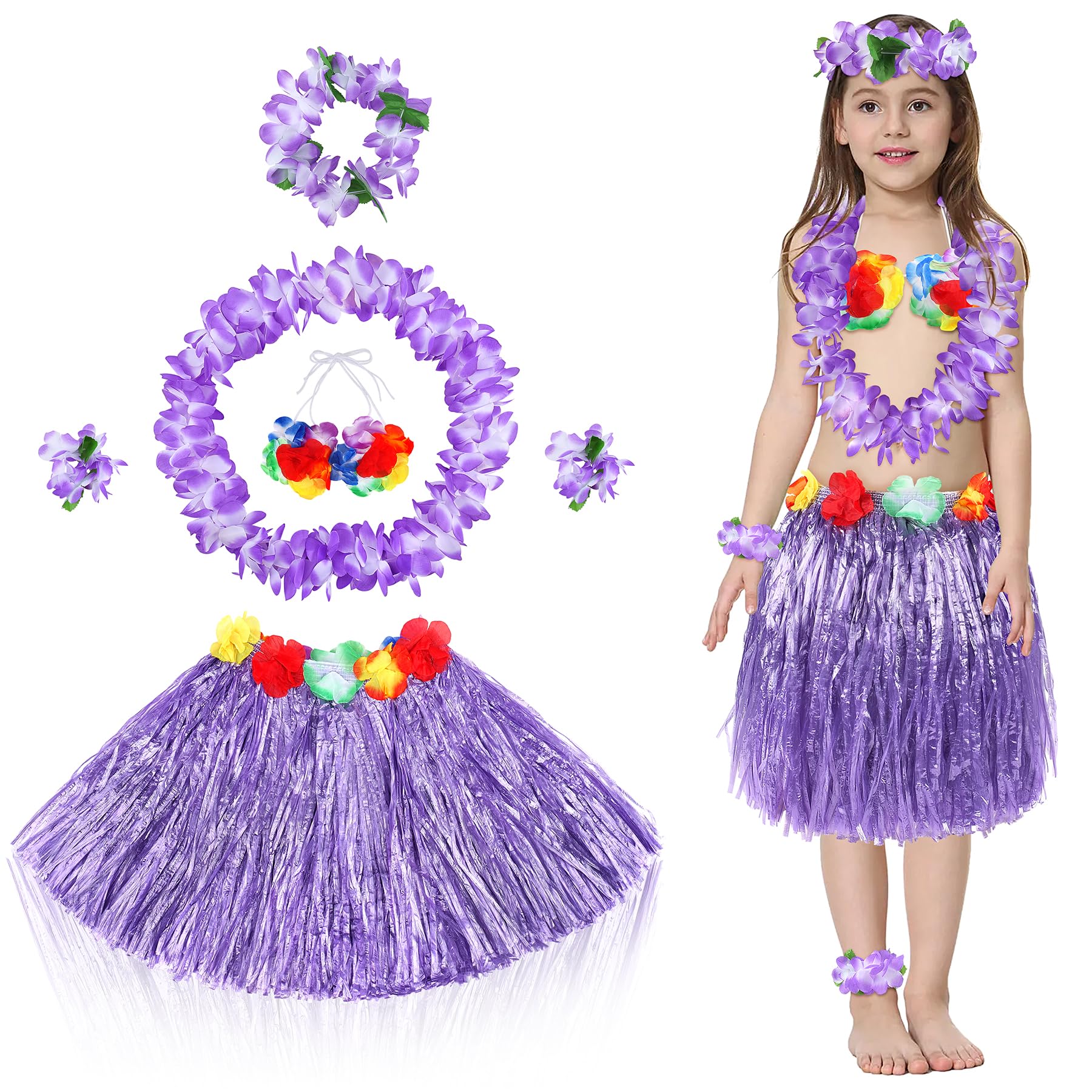 Fortuning's JDS 40cm Girl's Hawaiian Hula Grass Skirt with Flowers Costume for Luau Beach Party Performance Outfits Decor