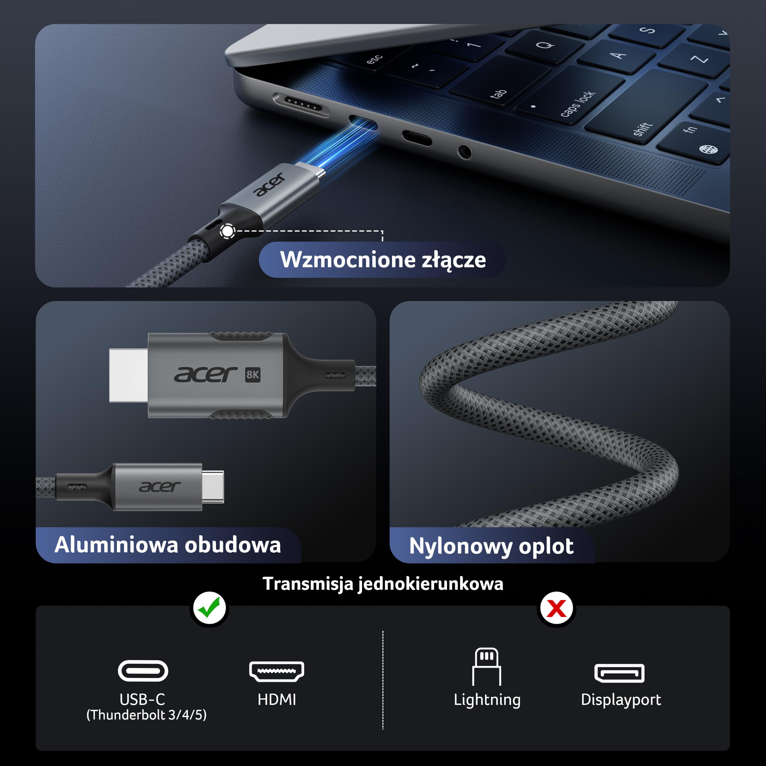 Acer Kabel USB-C do HDMI 2.1 2m (8K@60Hz,4K@240/144/120Hz)Thunderbolt 3 4 5 | Adapter HDMI Typu C, HDR10+, DHCP 2.3, Kompatybilny z iPhone 15/16/17 Pro, MacBook iPad Pro/Air, iMac, Surface, S26, XPS