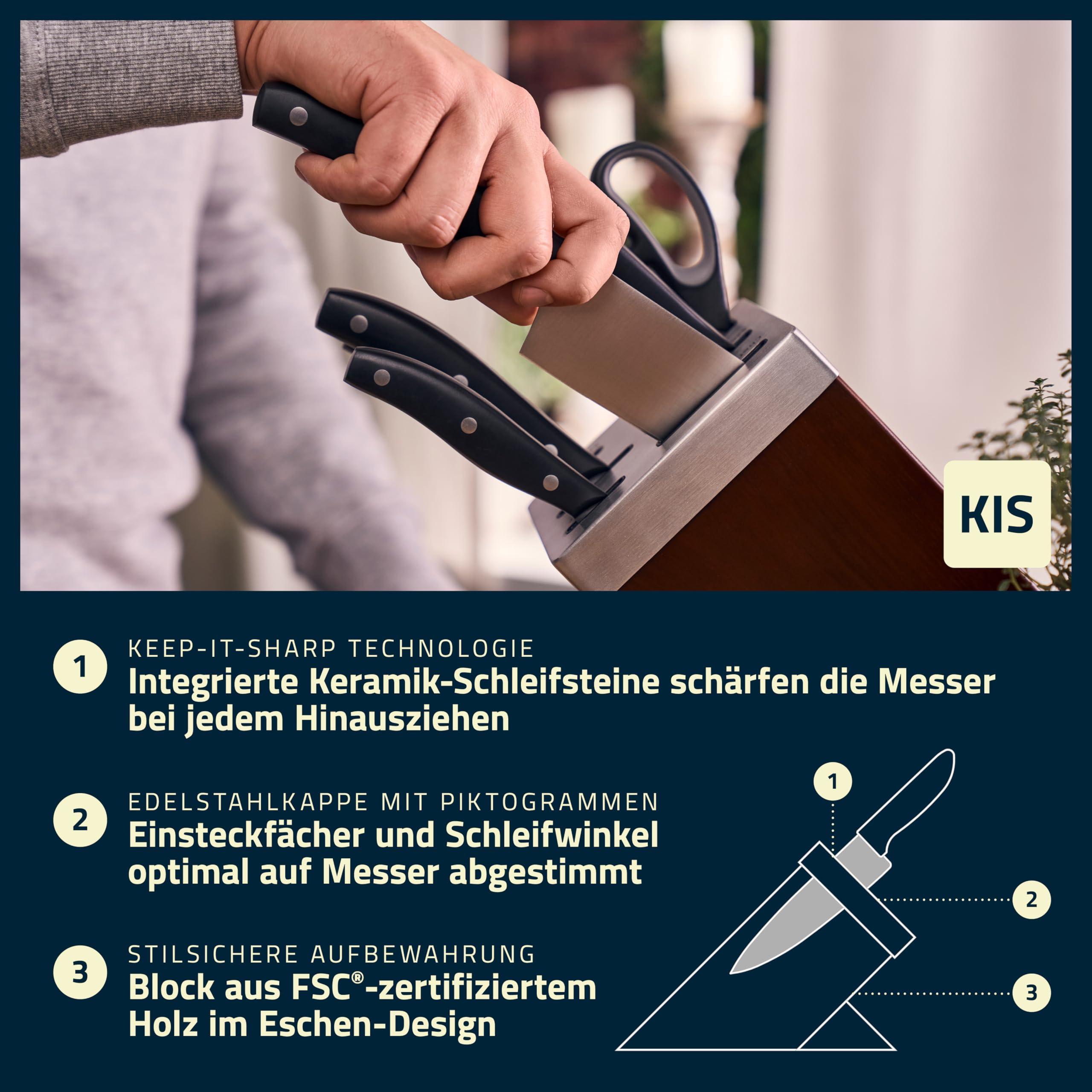 HENCKELS Everyday Selbstschärfender Messerblock 7-teilig, Schere, Braun | Messer-Set, Esche-Block