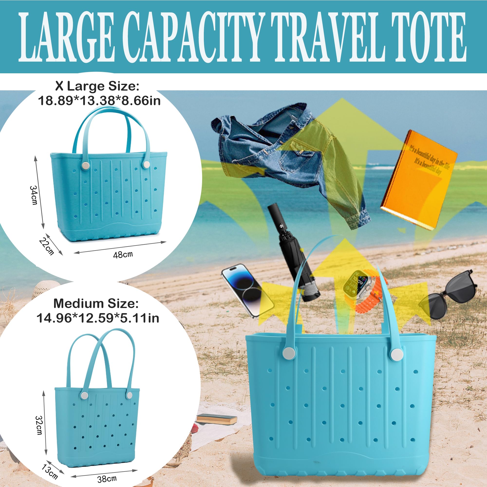 Forrader Rubber Beach Tote Bag, Large Waterproof Beach Bag for Pool Boat, Sports, Outdoor Washable Travel Tote Bag