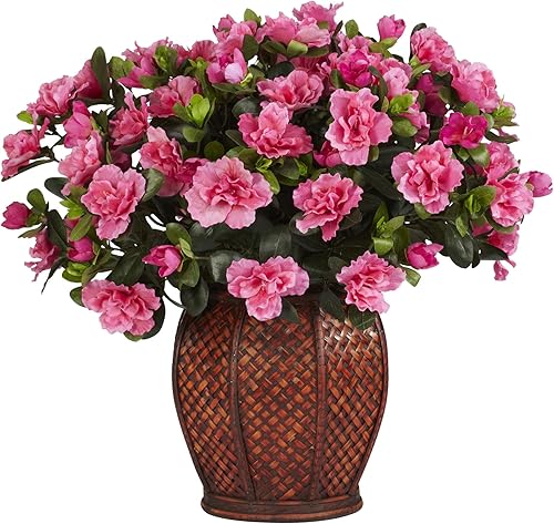 Miniatura 1 de Nearly Natural 6653 Azalea con florero decorativo de seda para plantas, 29" x 10.25" x 10.25"