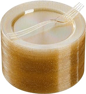 Goodluck 120PCS Gold Glitter Plates with Plastic Forks, Gold Dessert Plates for 60 Guests, Heavy Duty Disposable Plates fo...