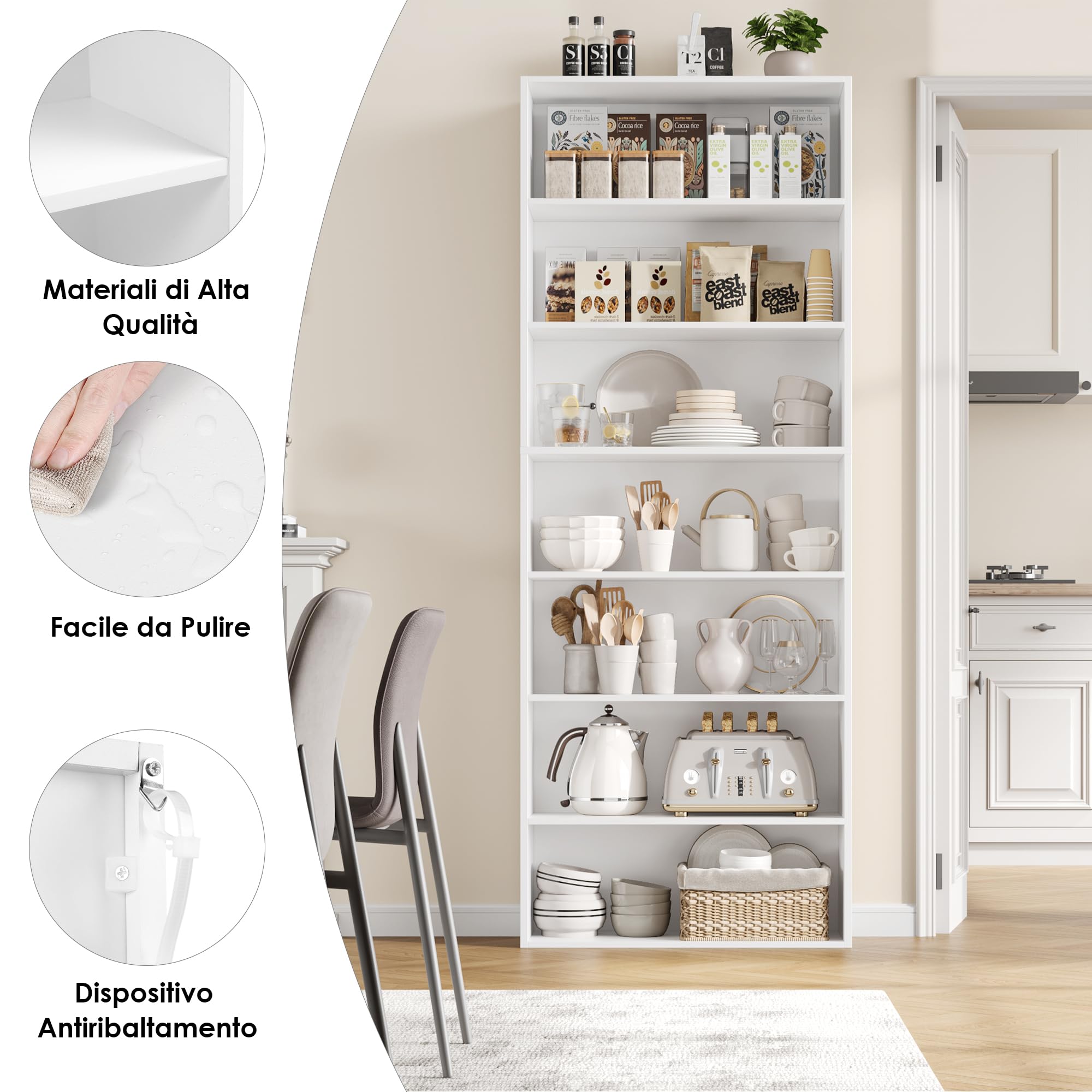 FirFurd 209,5CM Libreria Scaffale a 7 Ripiani,Libreria Verticale in Legno,Divisorio per Stanza,per Soggiorno, Studio, Cucina, Ufficio, 209,5 x 60 x 23,5 cm (Bianco)