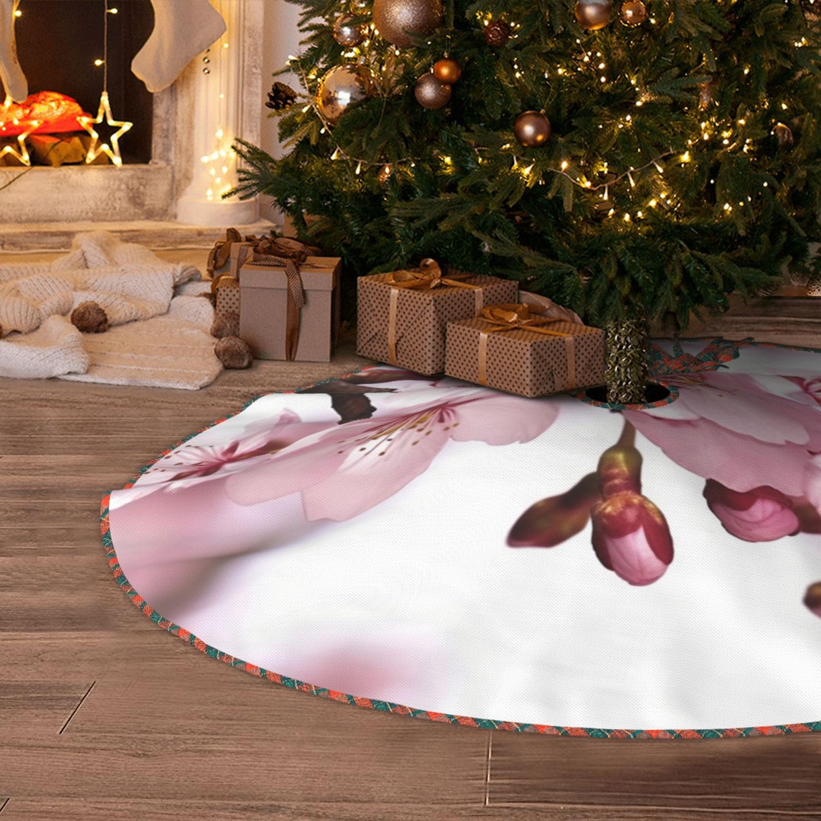 Cherry Blossom Christmas Tree Skirt 30" Artificial Tree Mat Cover Merry Christmas Burlap Xmas Tree Skirt for Christmas Decoration Holiday Indoor Outdoor Winter Party Decor