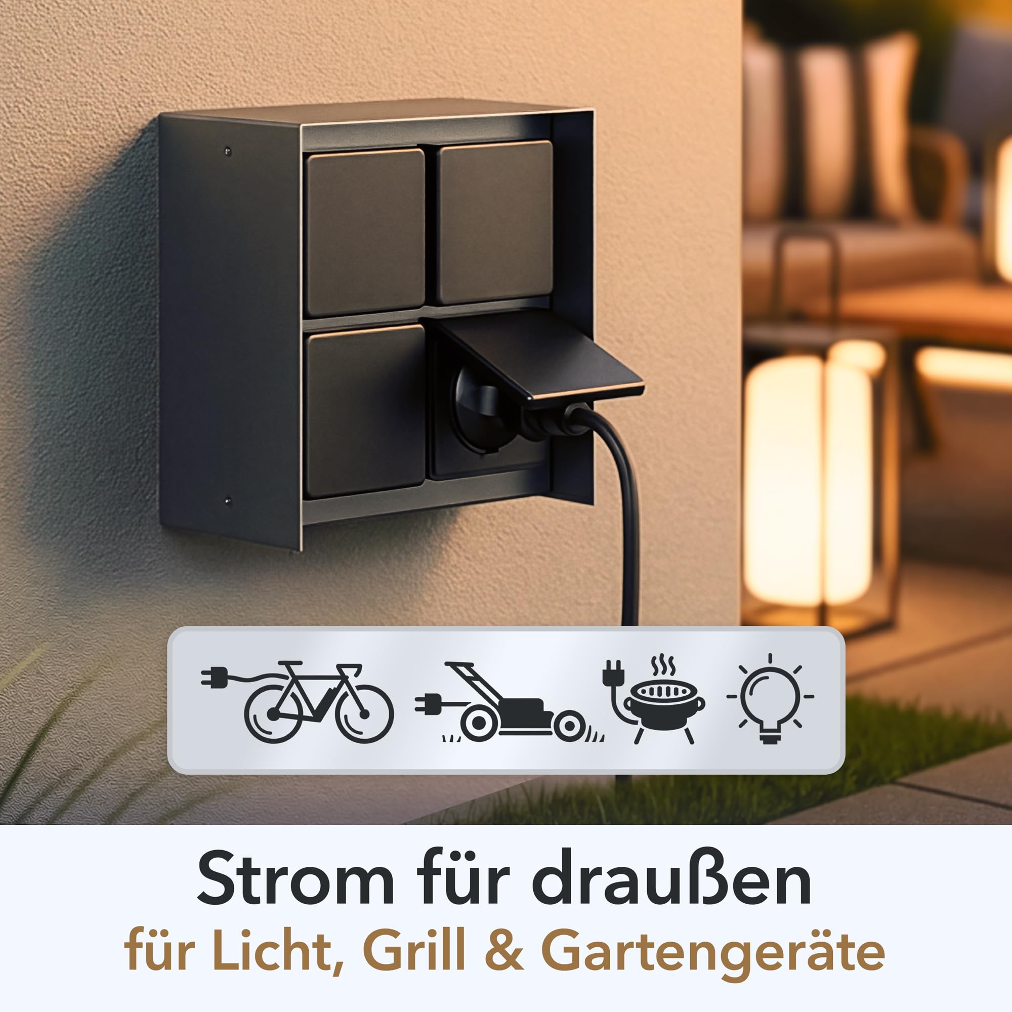 ledscom.de 2X Außensteckdose 4-Fach STEDDA und 2m Kabel, IP44, Edelstahl anthrazit quadratisch, Steckdosen für Garten, Terrasse und Außenbereich