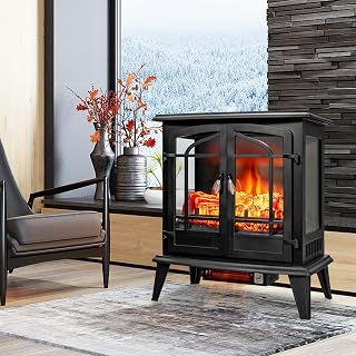 GiantexUK Freestanding Electric Fireplace, 1800-2000W Fire Heater with Adjustable Temperature, Overheat Protection and Realistic Flame Effect, Indoor Space Stove Heater (Double Doors)