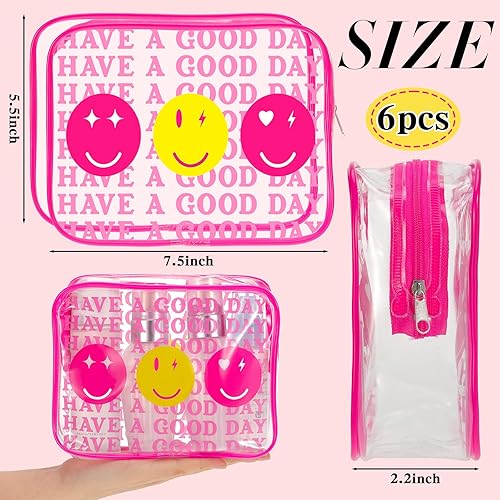 Miniatura 9 de Cunno 6 bolsas de maquillaje transparentes de flamenco para mujer, bolsas de cosméticos de preparación con cremallera, rosa sonrisa relámpago,