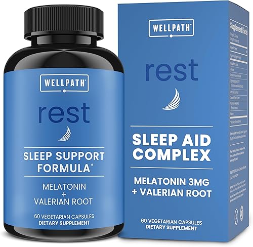 WellPath Rest - Ayuda para dormir de raíz de valeriana para adultos con melatonina y L-teanina, pastillas para dormir naturales y herbales con