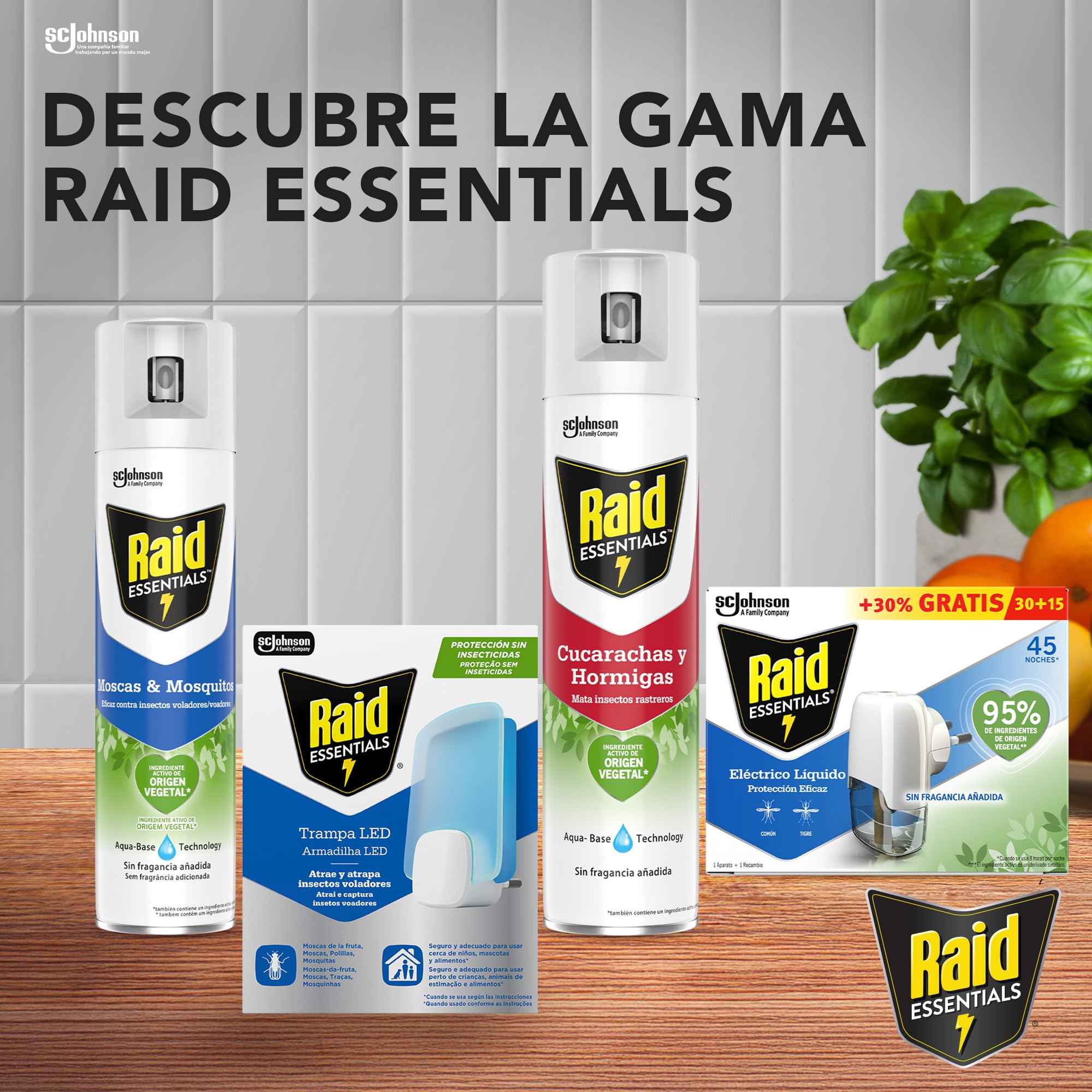 Raid Essentials Trampa LED Antimoscas, Antimoscas de Fruta y Antipolillas, Sin Insecticida, Seguro para Toda la Familia, Inodoro y Sin Residuos, Uso Interior, 1 Aparato y 1 Recambio.