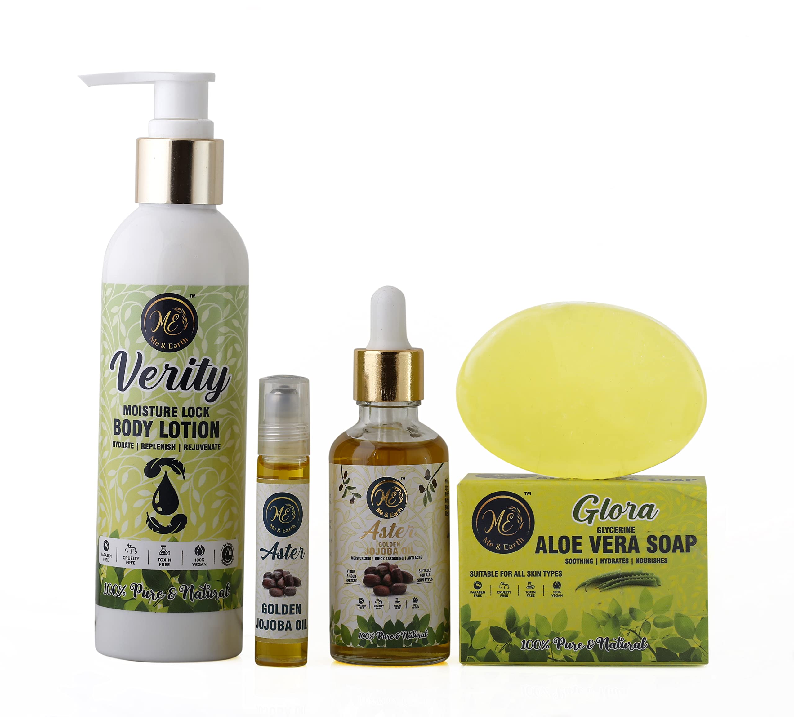 Me And Earth Skincare Combo For Dry Skin Pack Of Aloe Vera Soap (100gm) Jojoba Oil Body Lotion (200ml) & 1 The Golden Jojoba Oil (50 ml)