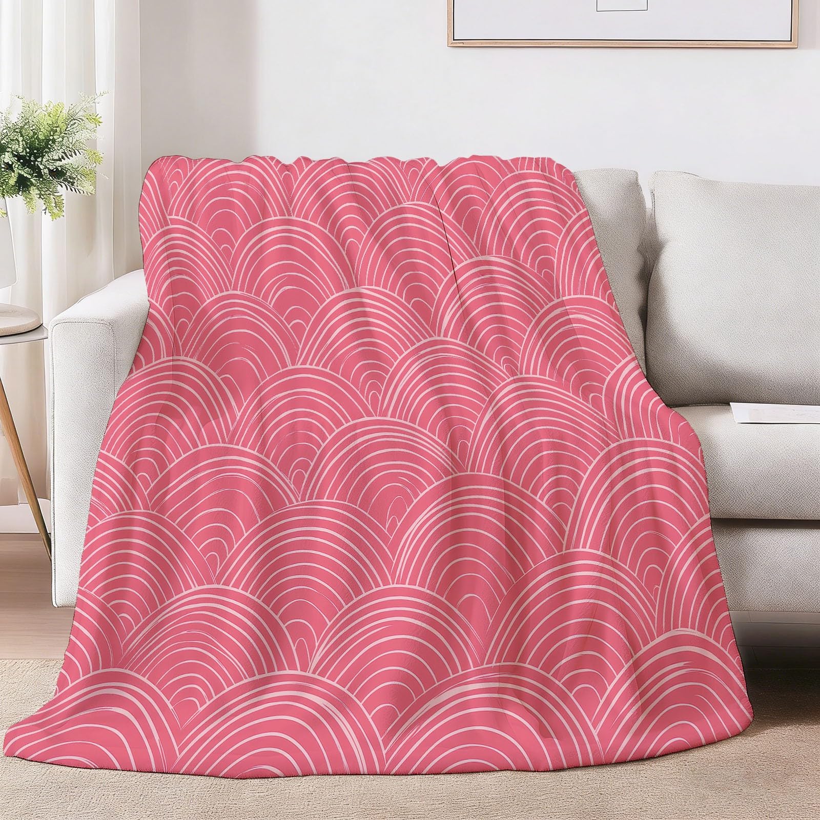 Minimalistyczny koc flanelowy, miękki i puszysty koc w kratę różowe fale, na każdą porę roku koce z nadrukiem różowy z nadrukiem na sofę fotel do łóżka, 150x200 cm