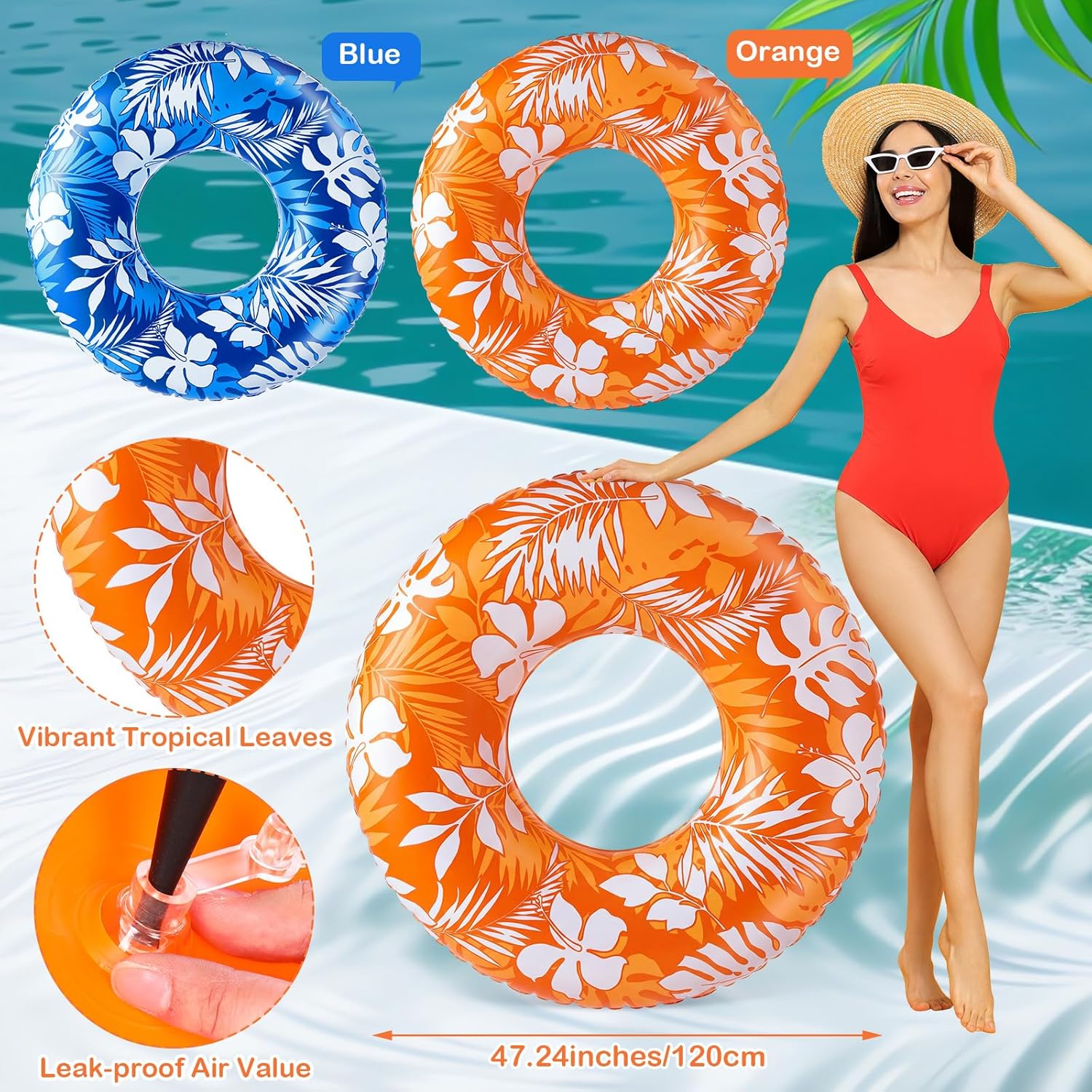 Silipull 2 Pcs Large Adult Float Tube 47.24 Inches Hawaii Inflatable Pool Ring Floats Single Sided Printing Inflatable Pool Tube Swimming Ring for Adults Summer Beach(Hawaii,Orange,Blue)
