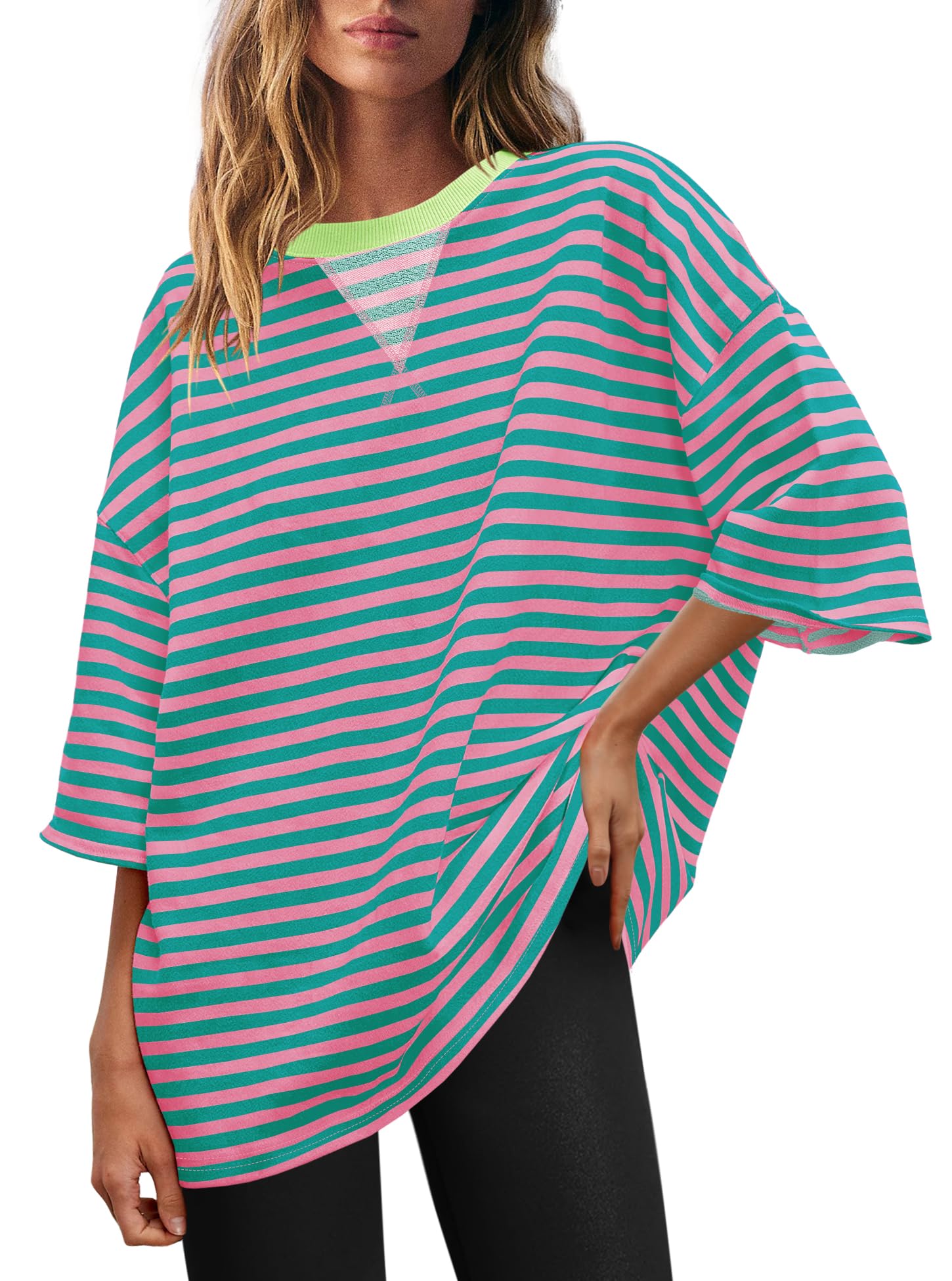Panadila Womens Striped Short Sleeve Tunic Tops Oversized Crewneck T Shirt Casual Loose Fit Color Block Sweatshirt