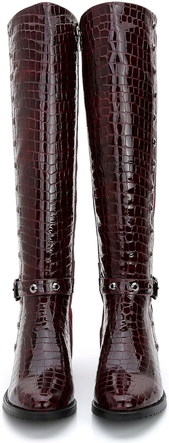 ANN CREEK Women's 'Rucio' Knee-High Low Heel Crocodile Print Front 2-Tone Perforated Trim Boots - Image 6
